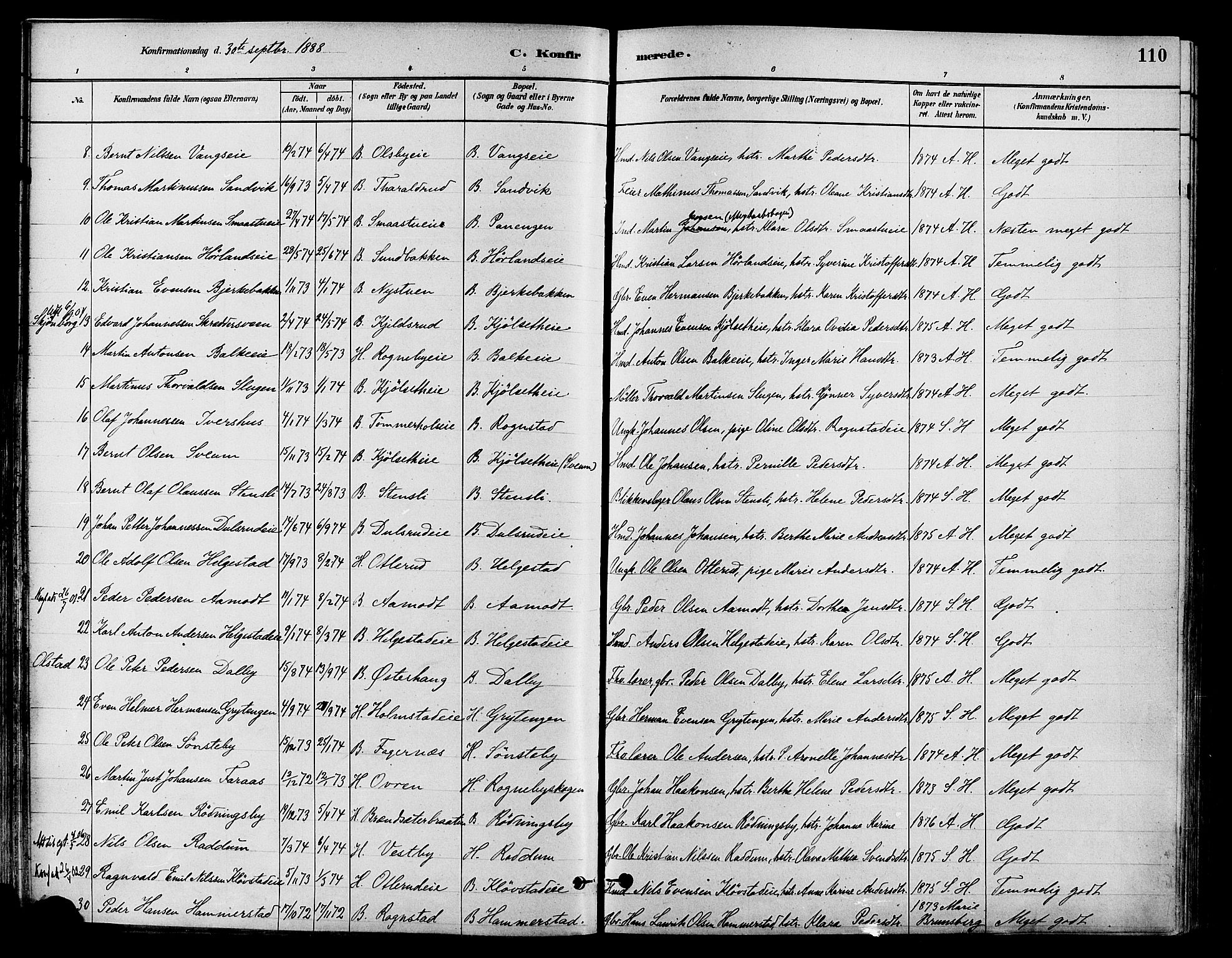 Østre Toten prestekontor, SAH/PREST-104/H/Ha/Haa/L0007: Parish register (official) no. 7, 1881-1896, p. 110