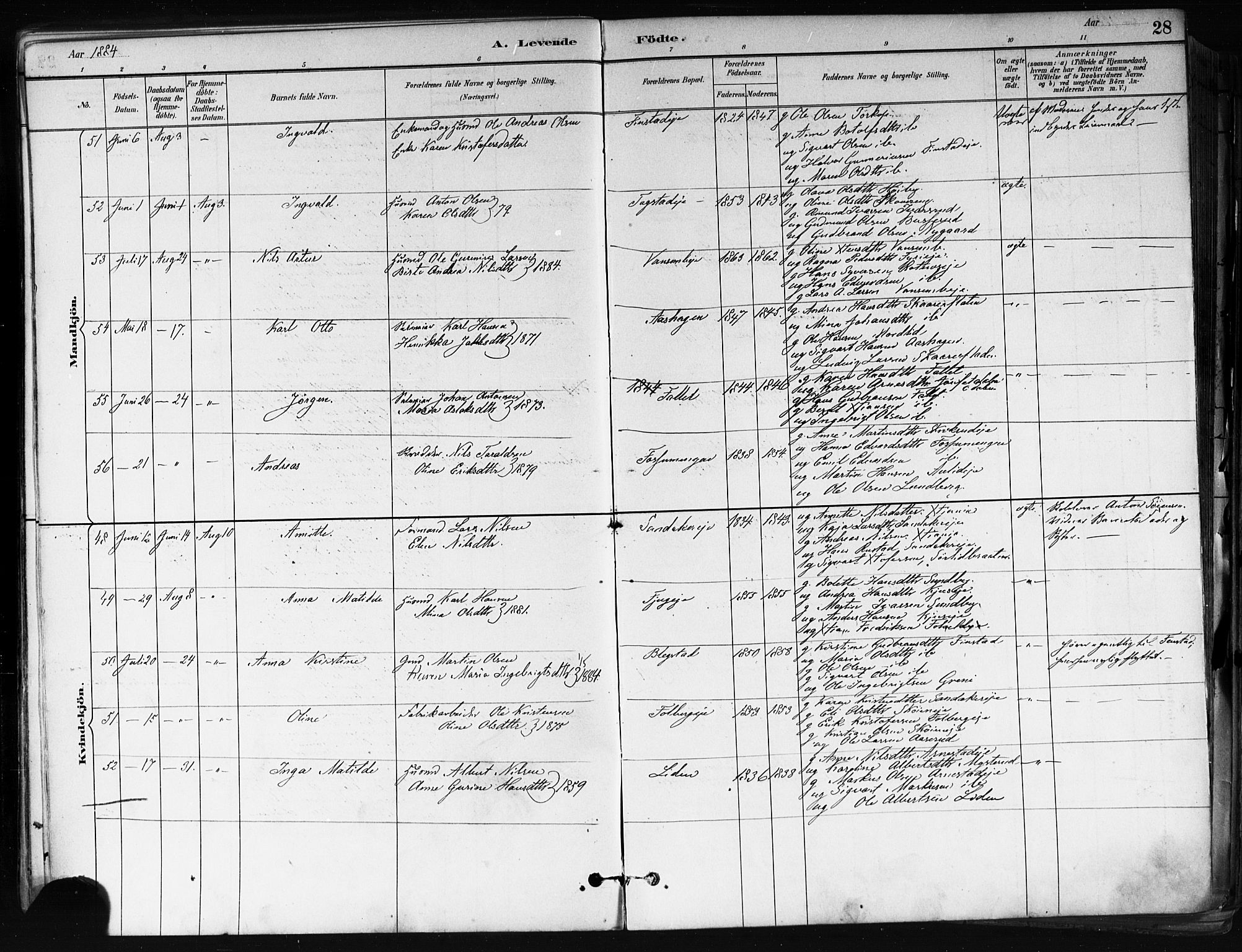 Nes prestekontor Kirkebøker, AV/SAO-A-10410/F/Fa/L0010: Parish register (official) no. I 10, 1883-1898, p. 28