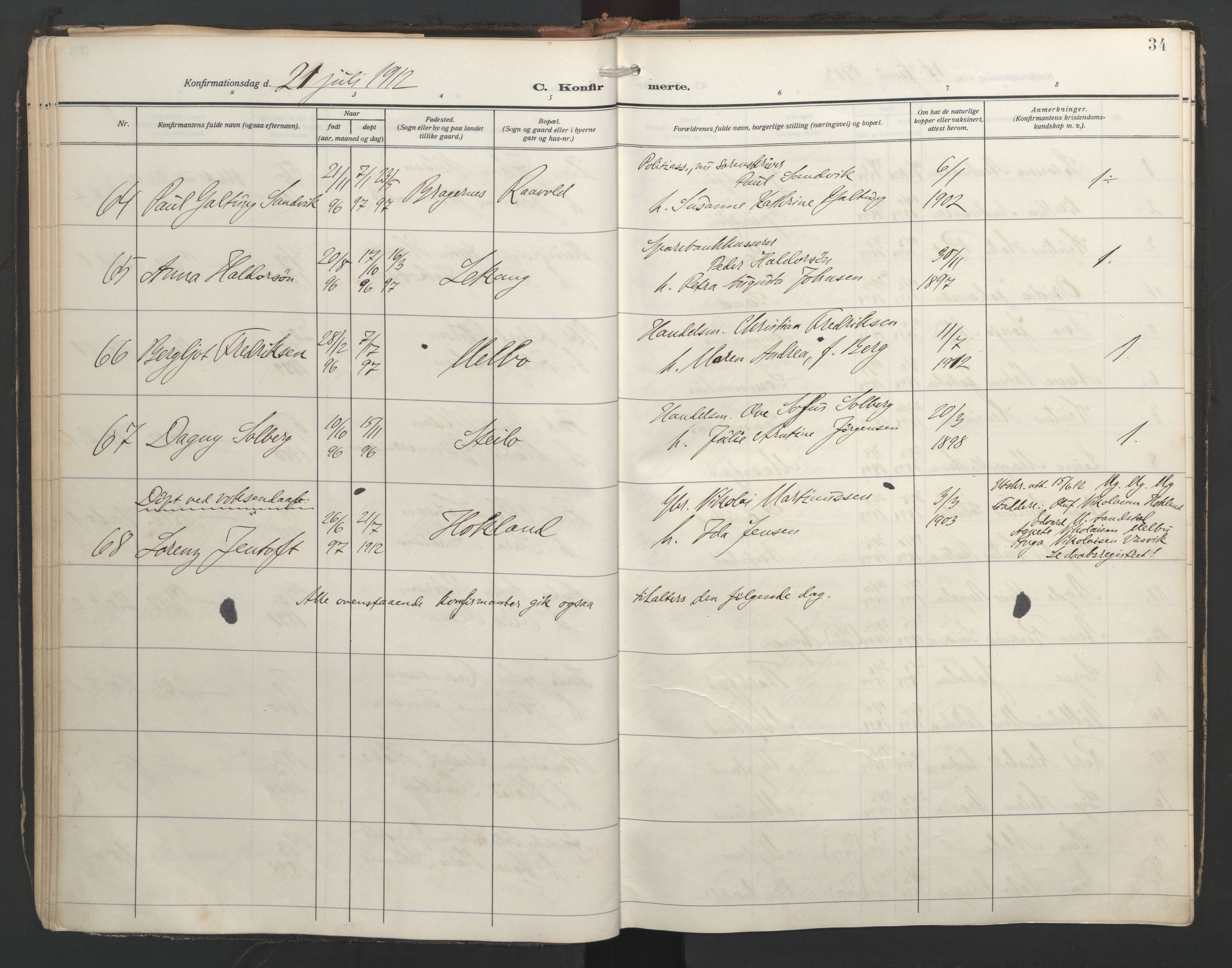 Ministerialprotokoller, klokkerbøker og fødselsregistre - Nordland, AV/SAT-A-1459/888/L1249: Parish register (official) no. 888A15, 1911-1929, p. 34