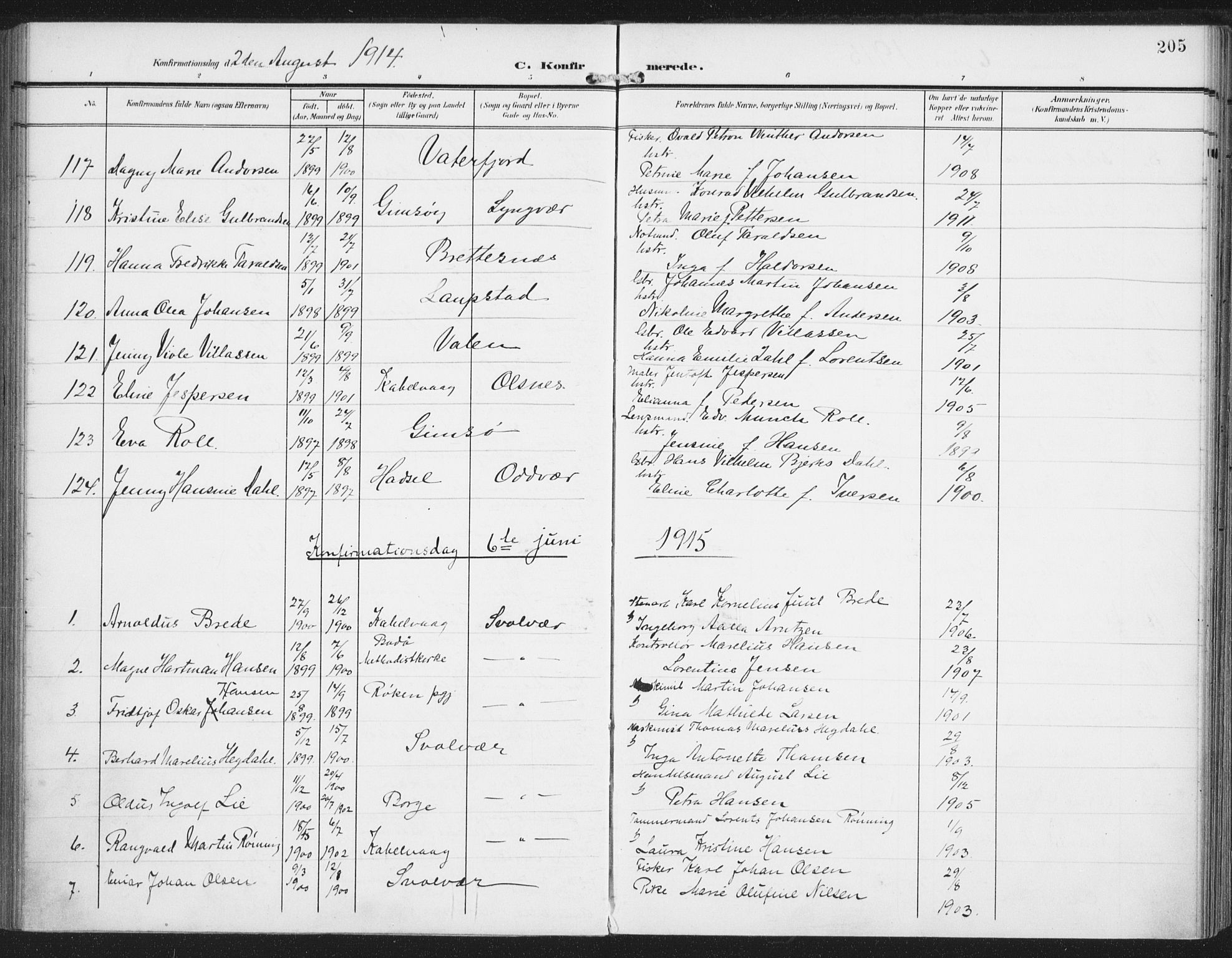 Ministerialprotokoller, klokkerbøker og fødselsregistre - Nordland, AV/SAT-A-1459/874/L1063: Parish register (official) no. 874A07, 1907-1915, p. 205