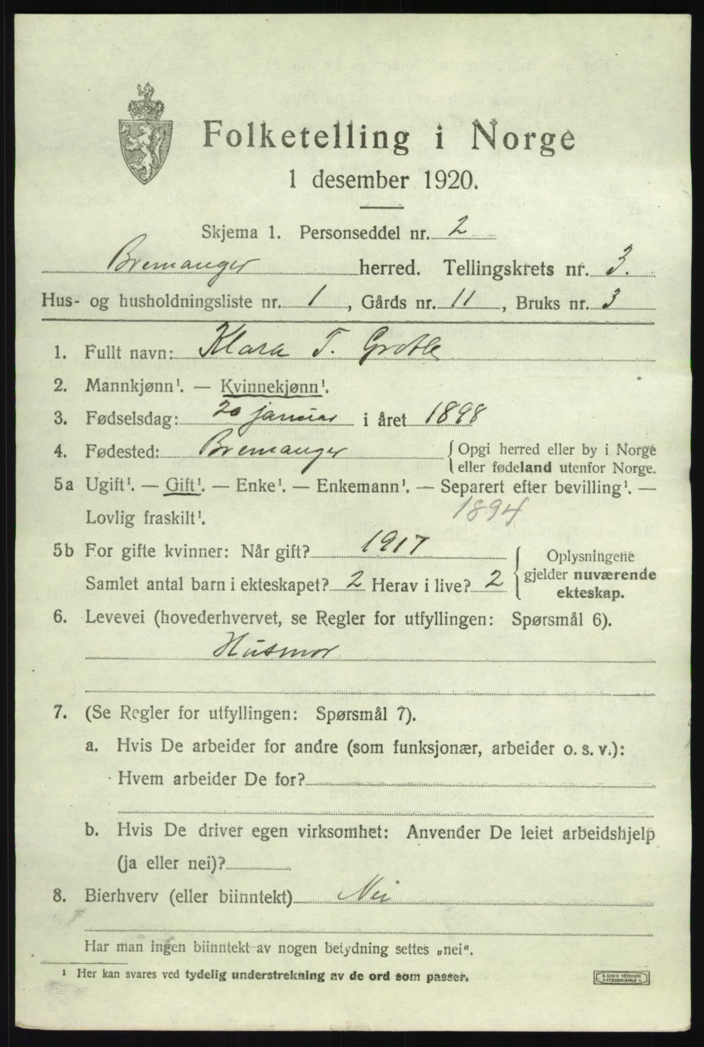 SAB, 1920 census for Bremanger, 1920, p. 2352