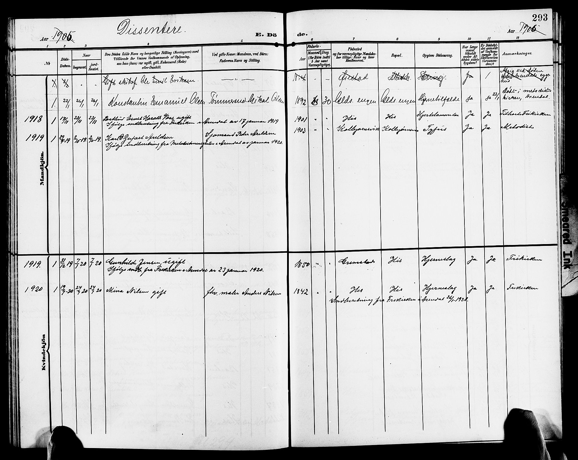 Hisøy sokneprestkontor, AV/SAK-1111-0020/F/Fb/L0004: Parish register (copy) no. B 4, 1905-1923, p. 293