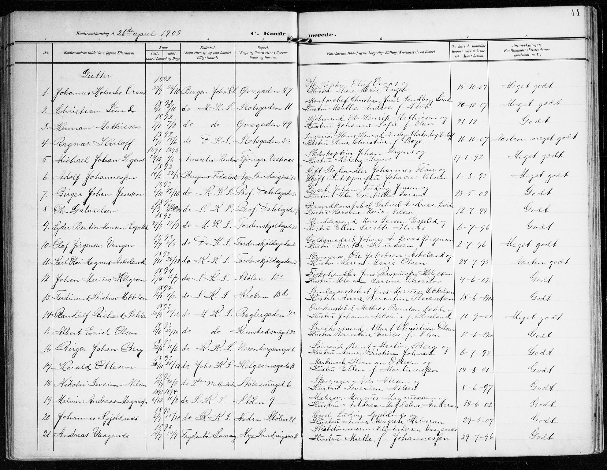 Mariakirken Sokneprestembete, SAB/A-76901/H/Haa/L0014: Parish register (official) no. C 2, 1900-1916, p. 44