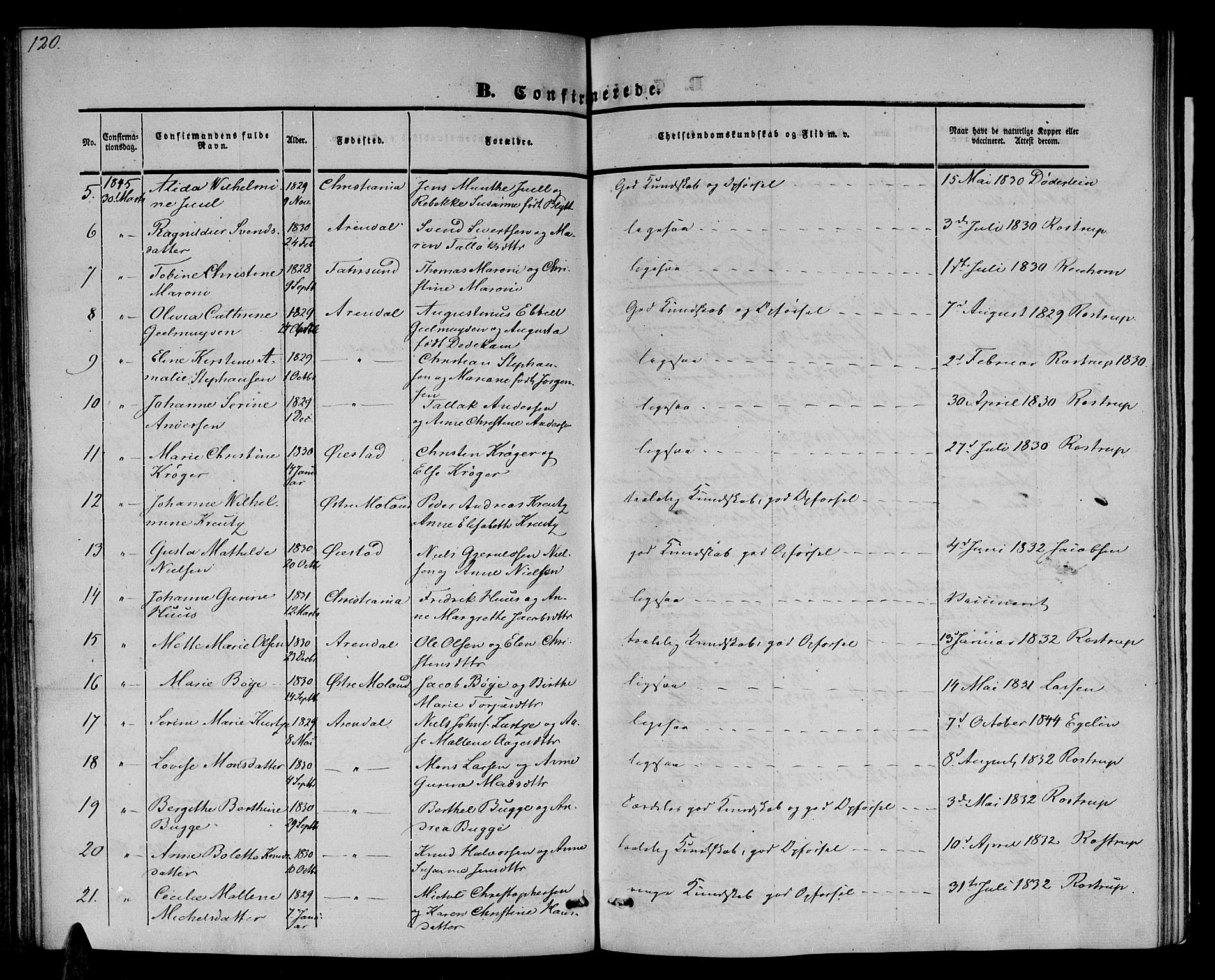 Arendal sokneprestkontor, Trefoldighet, AV/SAK-1111-0040/F/Fb/L0002: Parish register (copy) no. B 2, 1838-1860, p. 120