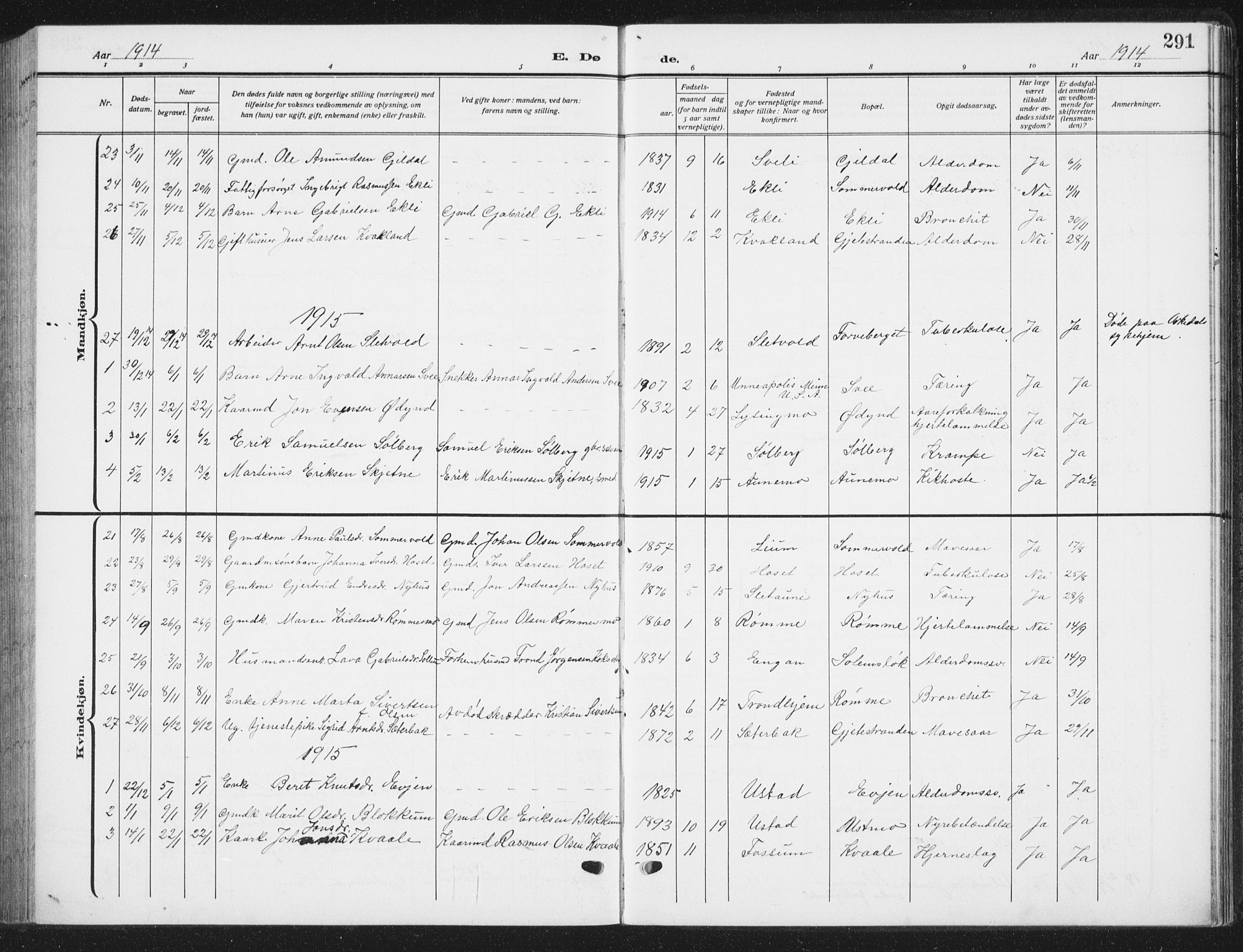 Ministerialprotokoller, klokkerbøker og fødselsregistre - Sør-Trøndelag, SAT/A-1456/668/L0820: Parish register (copy) no. 668C09, 1912-1936, p. 291