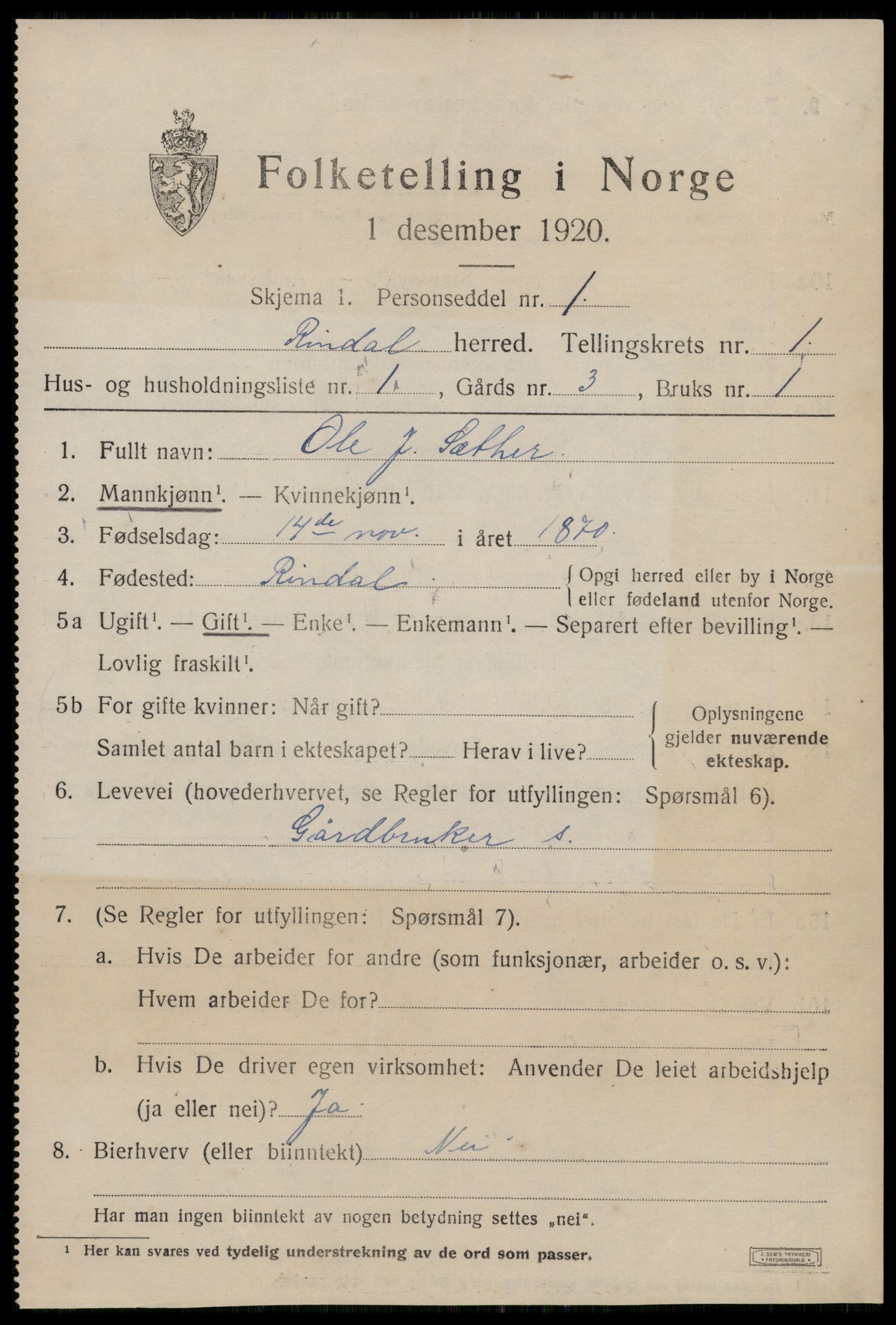 SAT, 1920 census for Rindal, 1920, p. 822