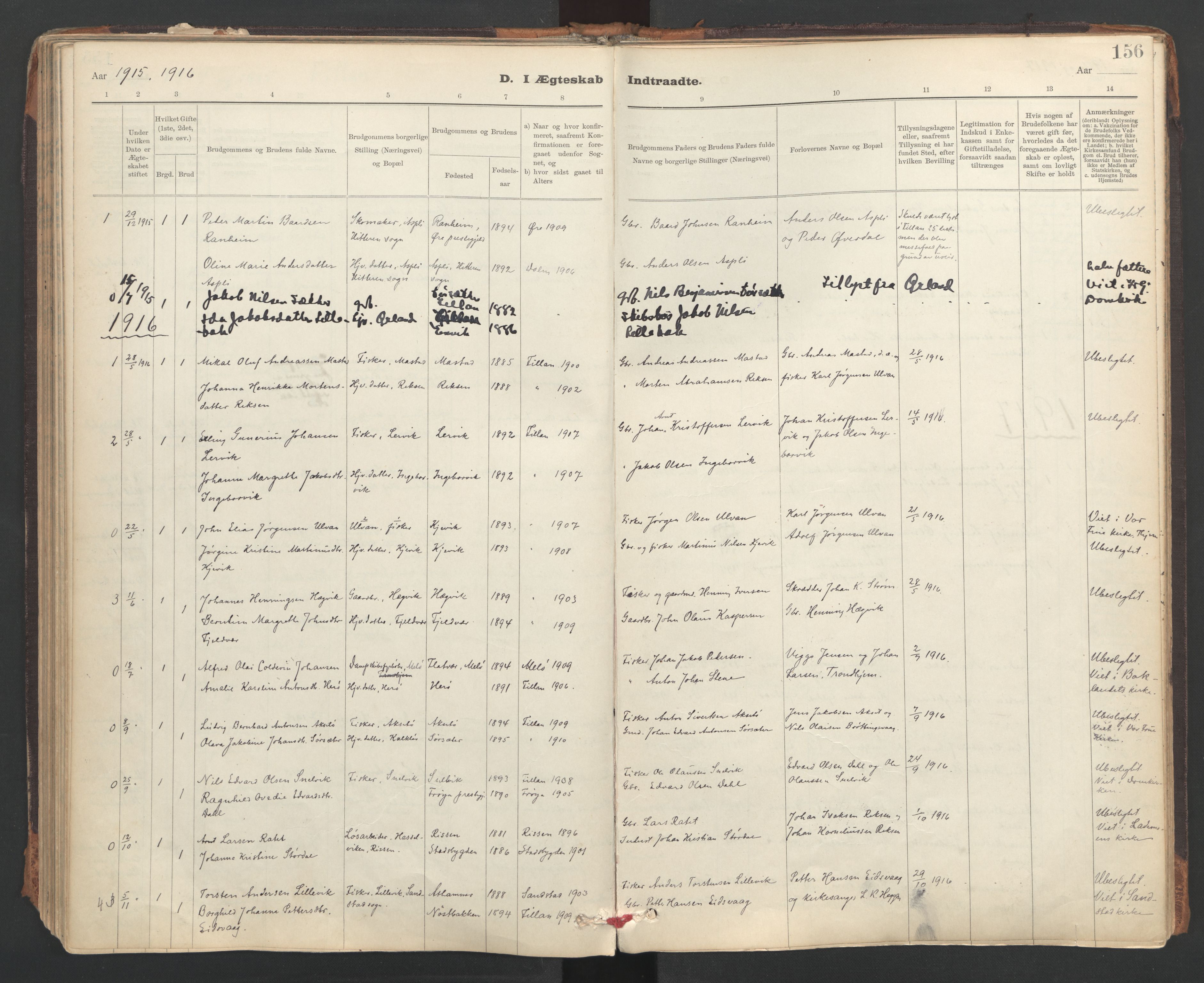 Ministerialprotokoller, klokkerbøker og fødselsregistre - Sør-Trøndelag, SAT/A-1456/637/L0559: Parish register (official) no. 637A02, 1899-1923, p. 156