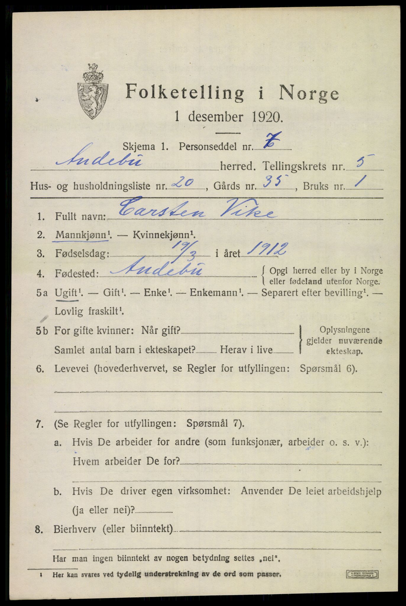 SAKO, 1920 census for Andebu, 1920, p. 2842