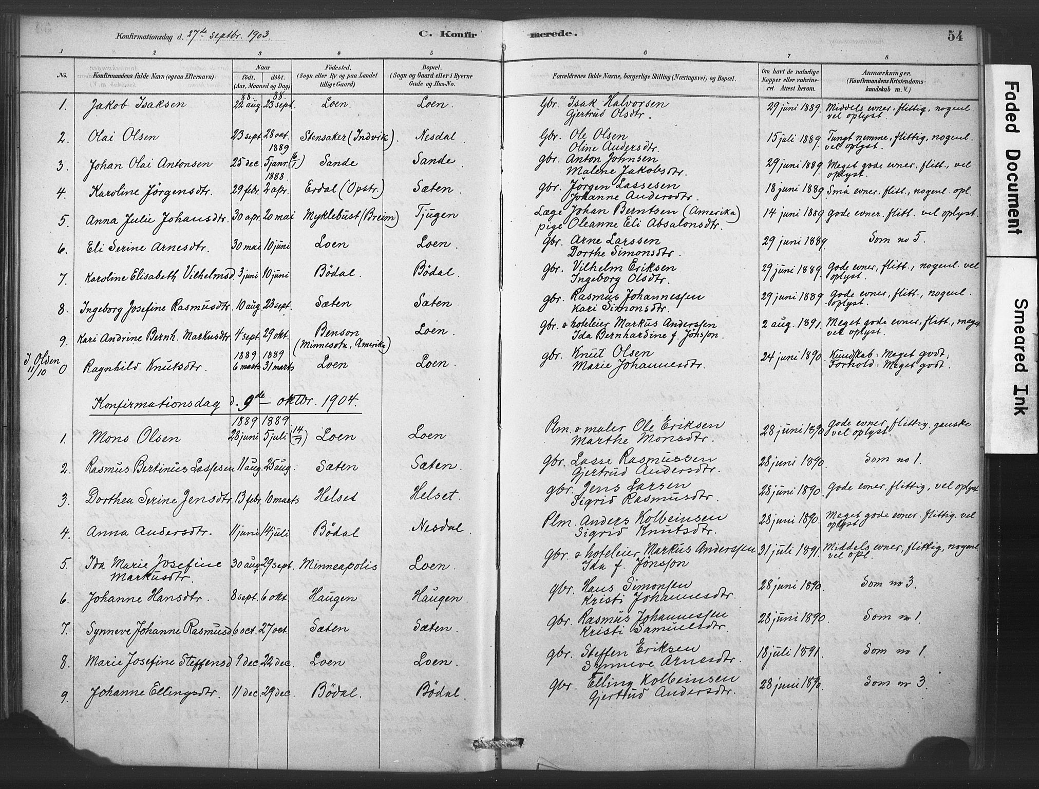 Stryn Sokneprestembete, SAB/A-82501: Parish register (official) no. C 1, 1878-1907, p. 54
