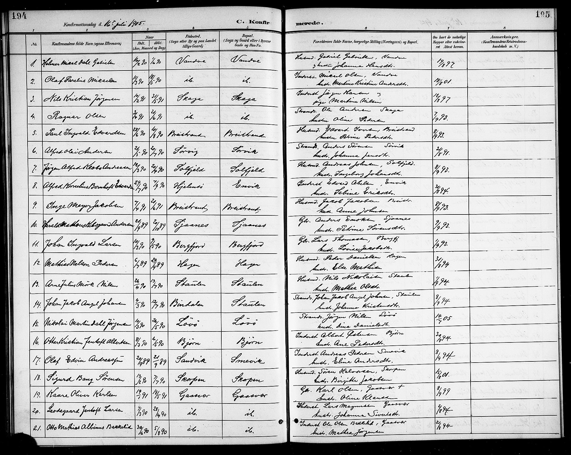 Ministerialprotokoller, klokkerbøker og fødselsregistre - Nordland, AV/SAT-A-1459/834/L0516: Parish register (copy) no. 834C06, 1902-1918, p. 194-195