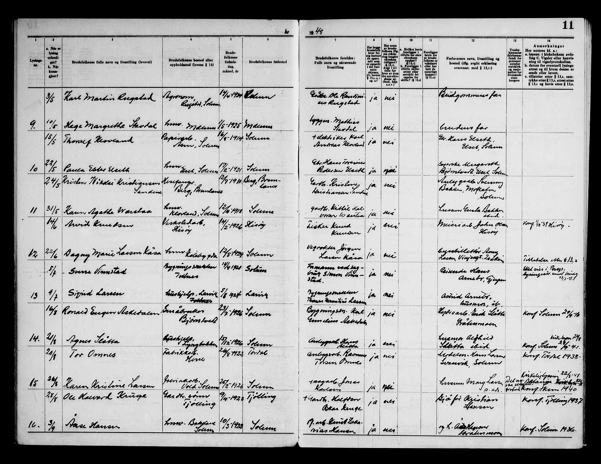 Solum kirkebøker, SAKO/A-306/H/Ha/L0003: Banns register no. I 3, 1946-1966, p. 11