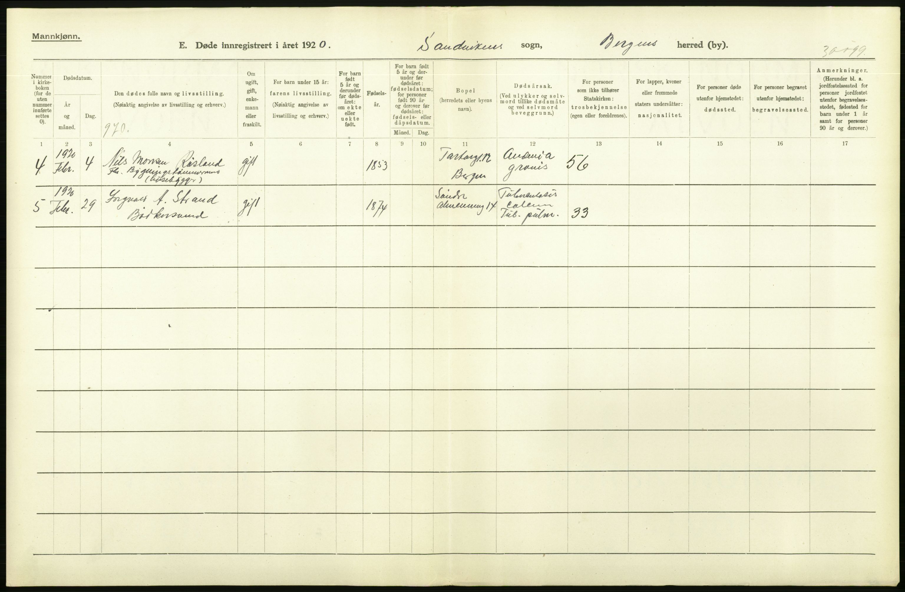 Statistisk sentralbyrå, Sosiodemografiske emner, Befolkning, AV/RA-S-2228/D/Df/Dfb/Dfbj/L0042: Bergen: Gifte, døde, dødfødte., 1920, p. 474