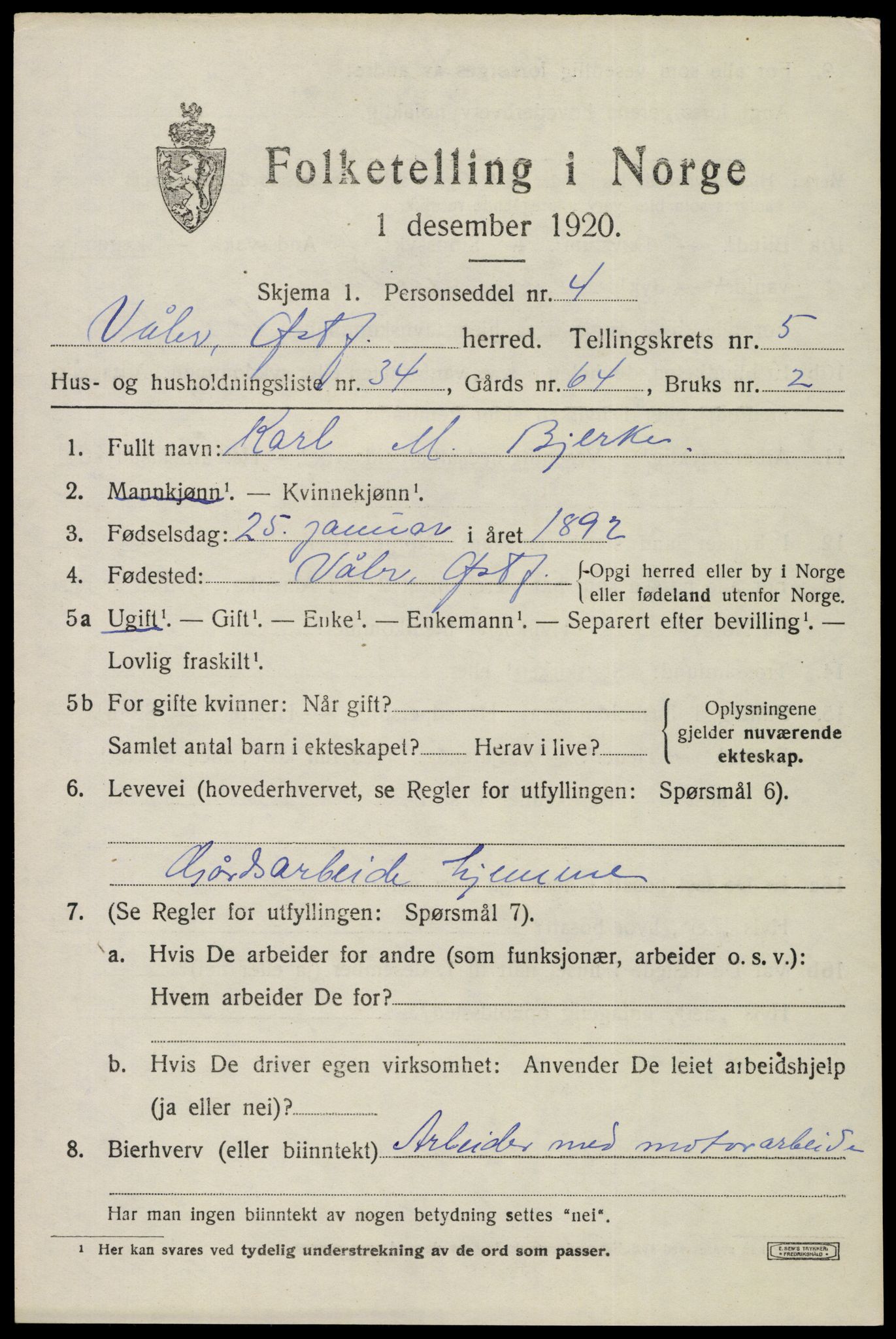 SAO, 1920 census for Våler, 1920, p. 3032