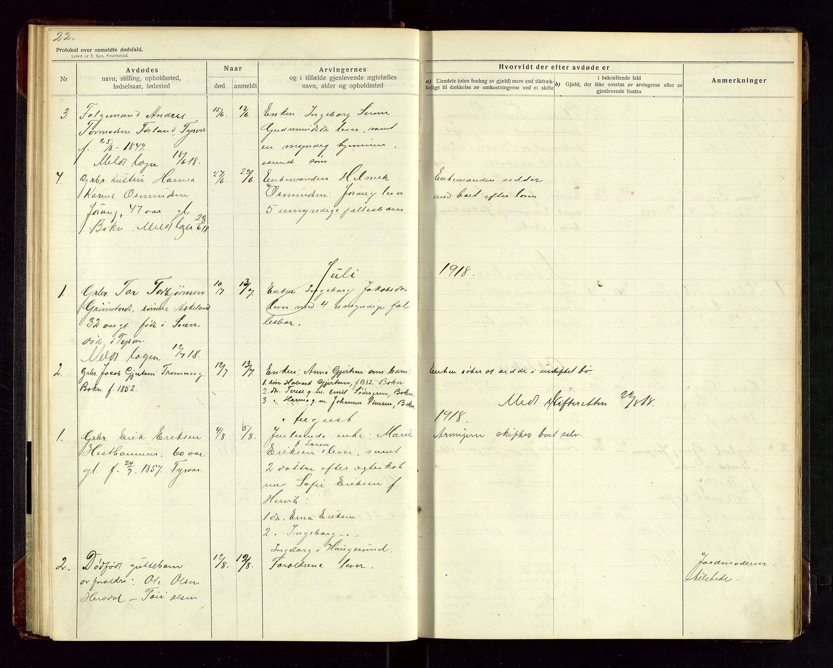 Tysvær lensmannskontor, AV/SAST-A-100192/Gga/L0003: "Protokol over anmeldte dødsfald i Tysvær" med register, 1916-1926, p. 22