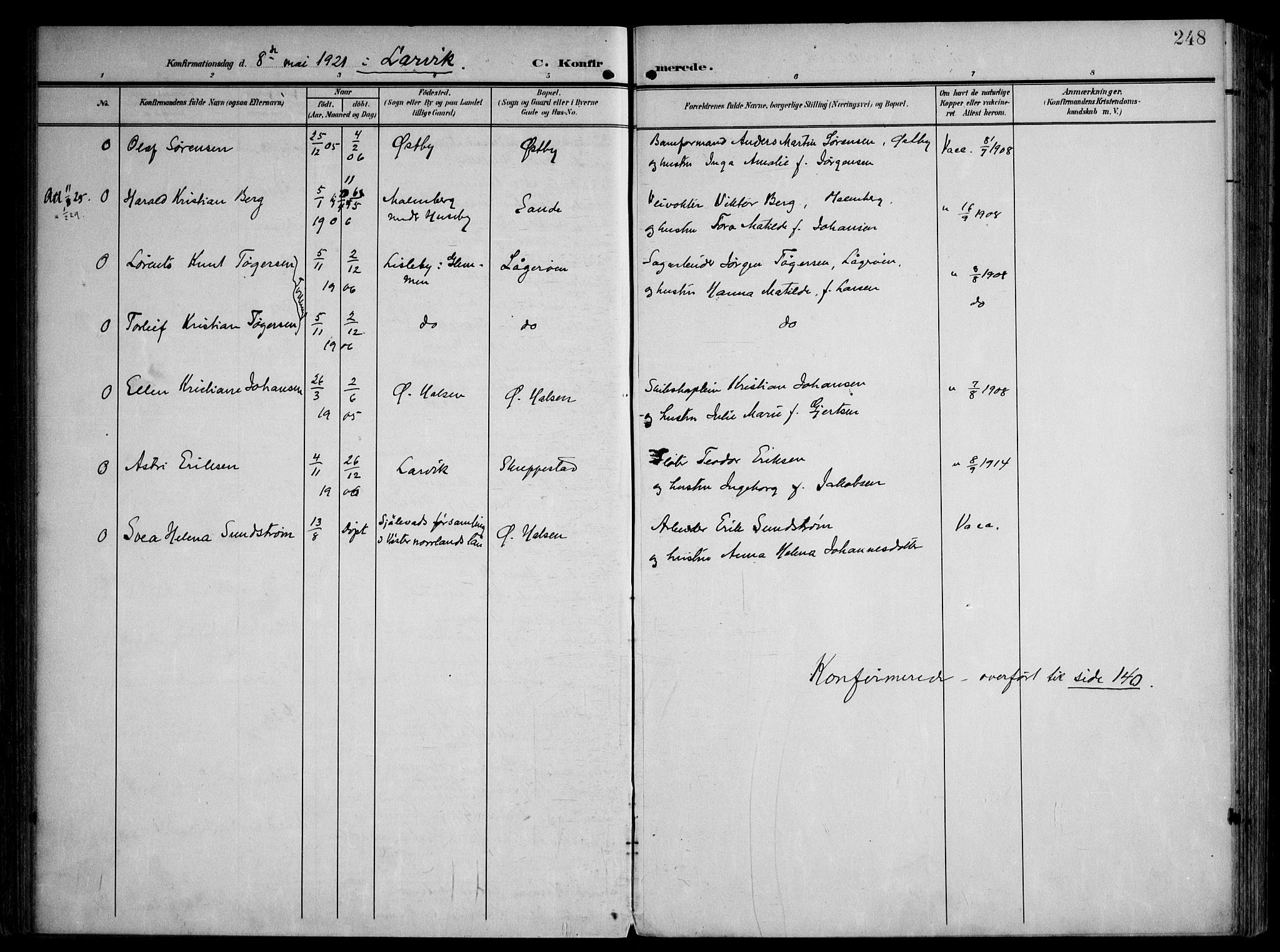 Tjølling kirkebøker, AV/SAKO-A-60/F/Fa/L0010: Parish register (official) no. 10, 1906-1923, p. 248