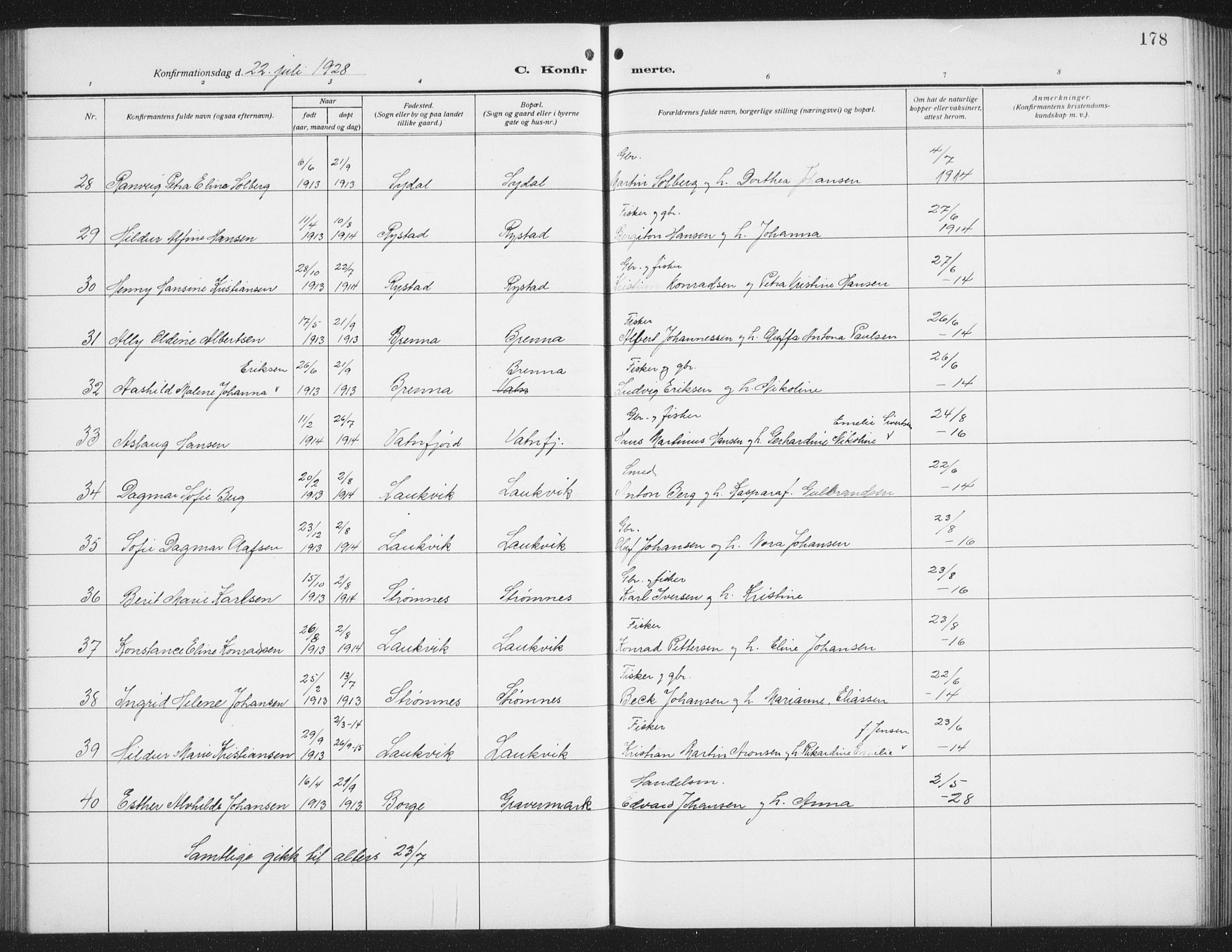 Ministerialprotokoller, klokkerbøker og fødselsregistre - Nordland, SAT/A-1459/876/L1106: Parish register (copy) no. 876C05, 1915-1942, p. 178