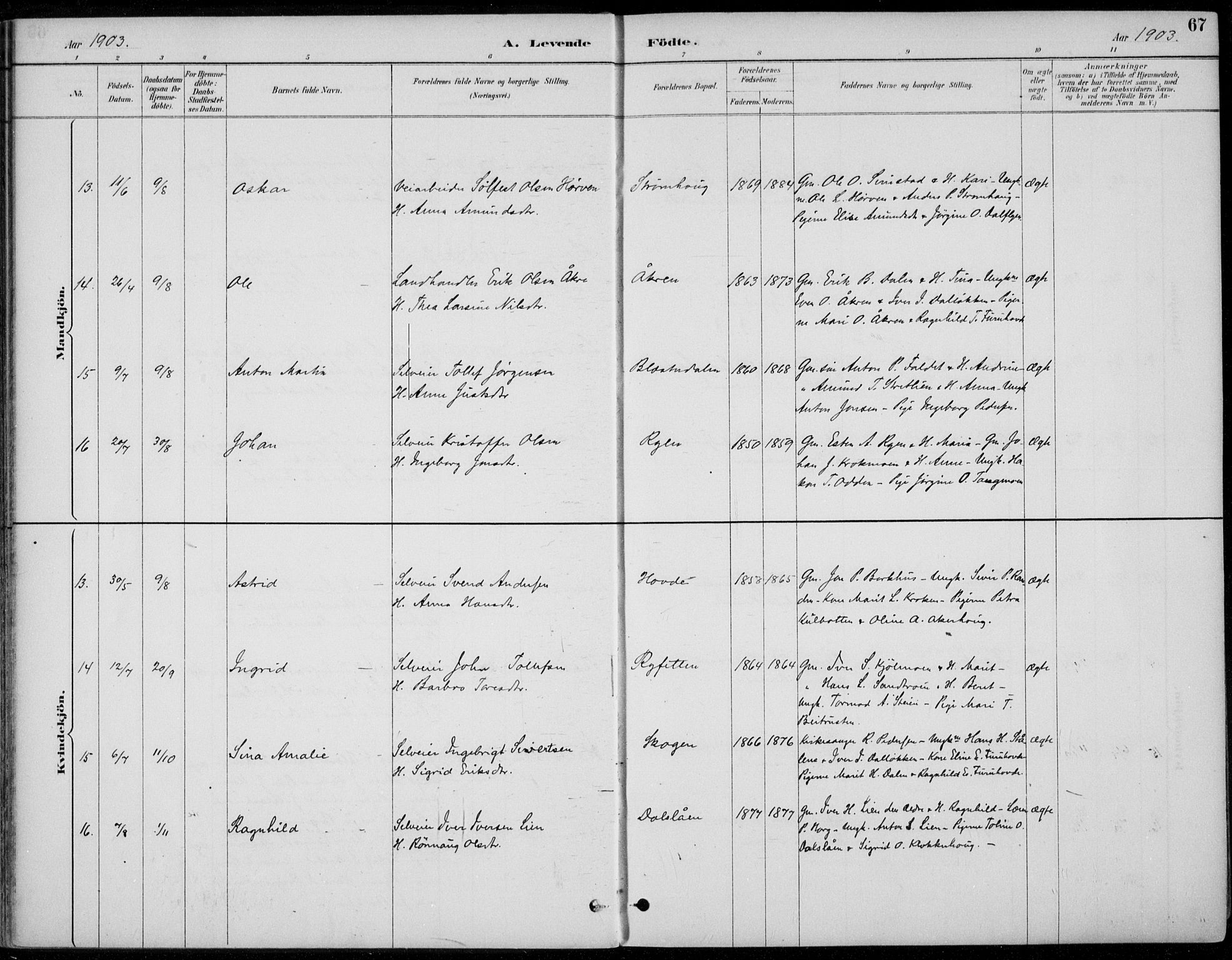 Alvdal prestekontor, AV/SAH-PREST-060/H/Ha/Haa/L0003: Parish register (official) no. 3, 1886-1912, p. 67