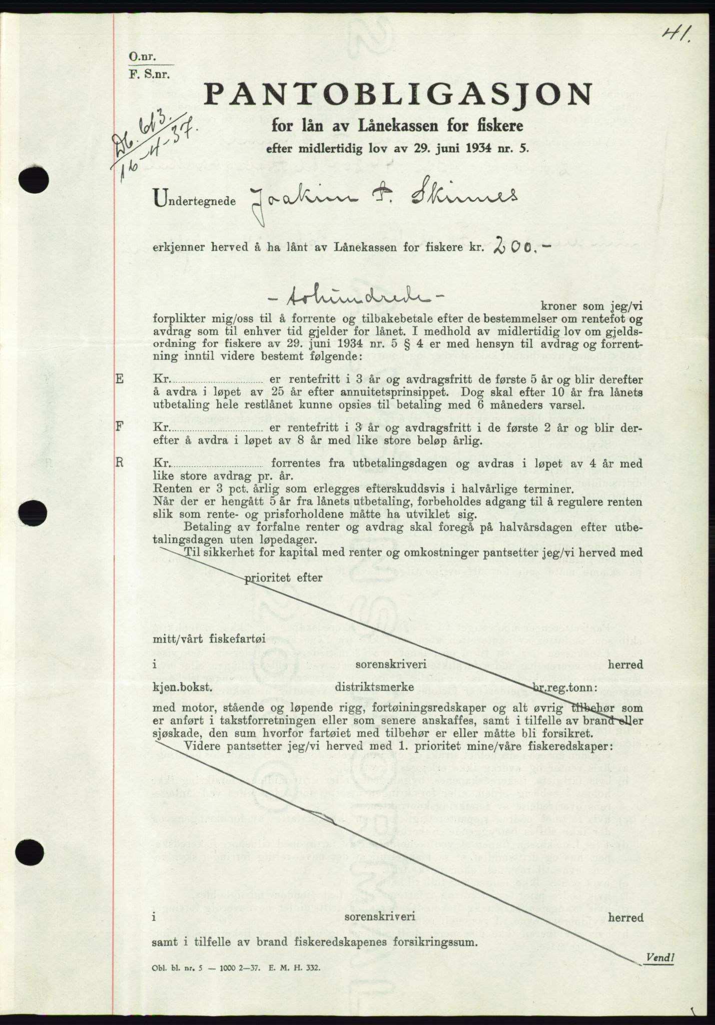 Søre Sunnmøre sorenskriveri, AV/SAT-A-4122/1/2/2C/L0063: Mortgage book no. 57, 1937-1937, Diary no: : 613/1937