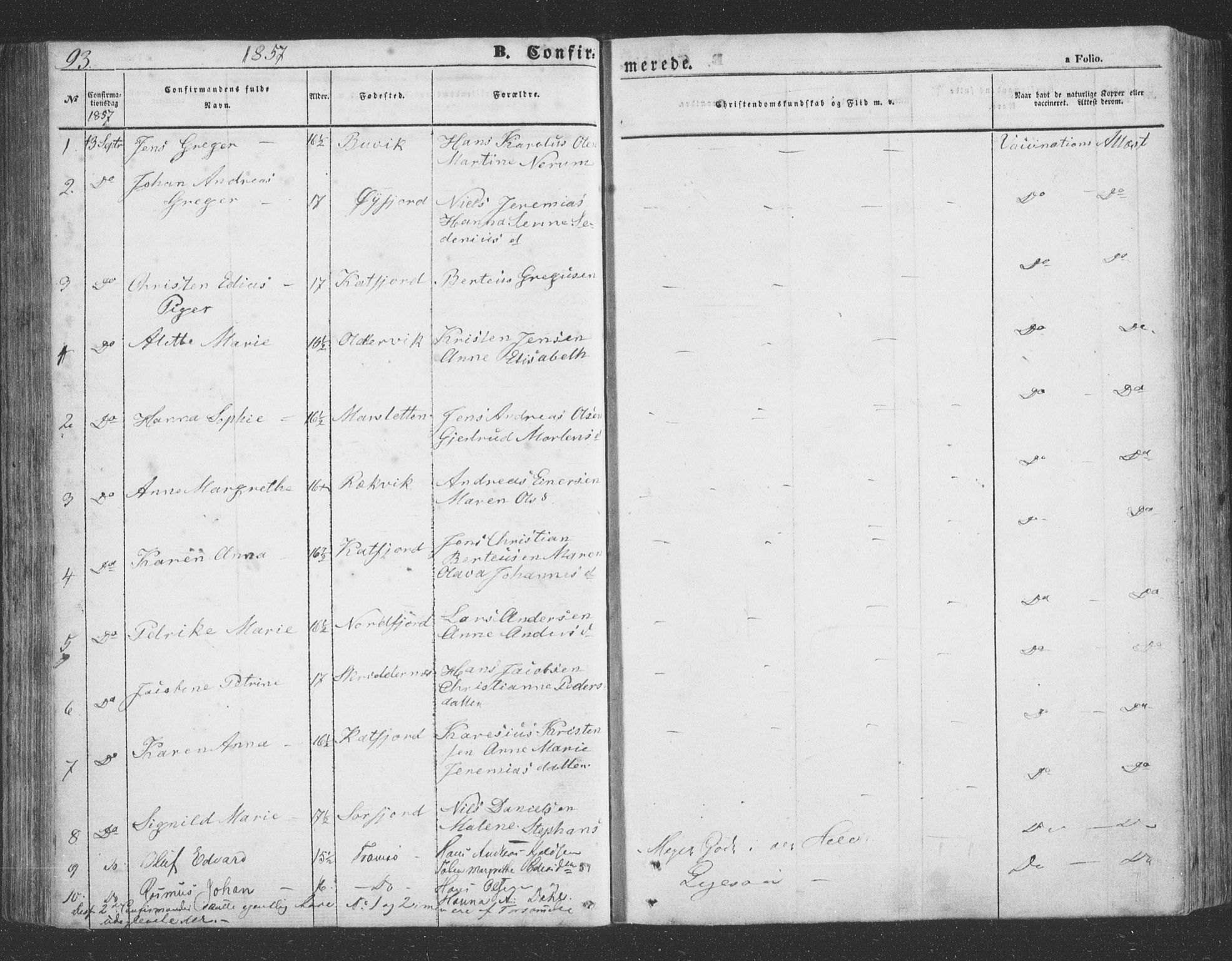 Lenvik sokneprestembete, SATØ/S-1310/H/Ha/Hab/L0020klokker: Parish register (copy) no. 20, 1855-1883, p. 93