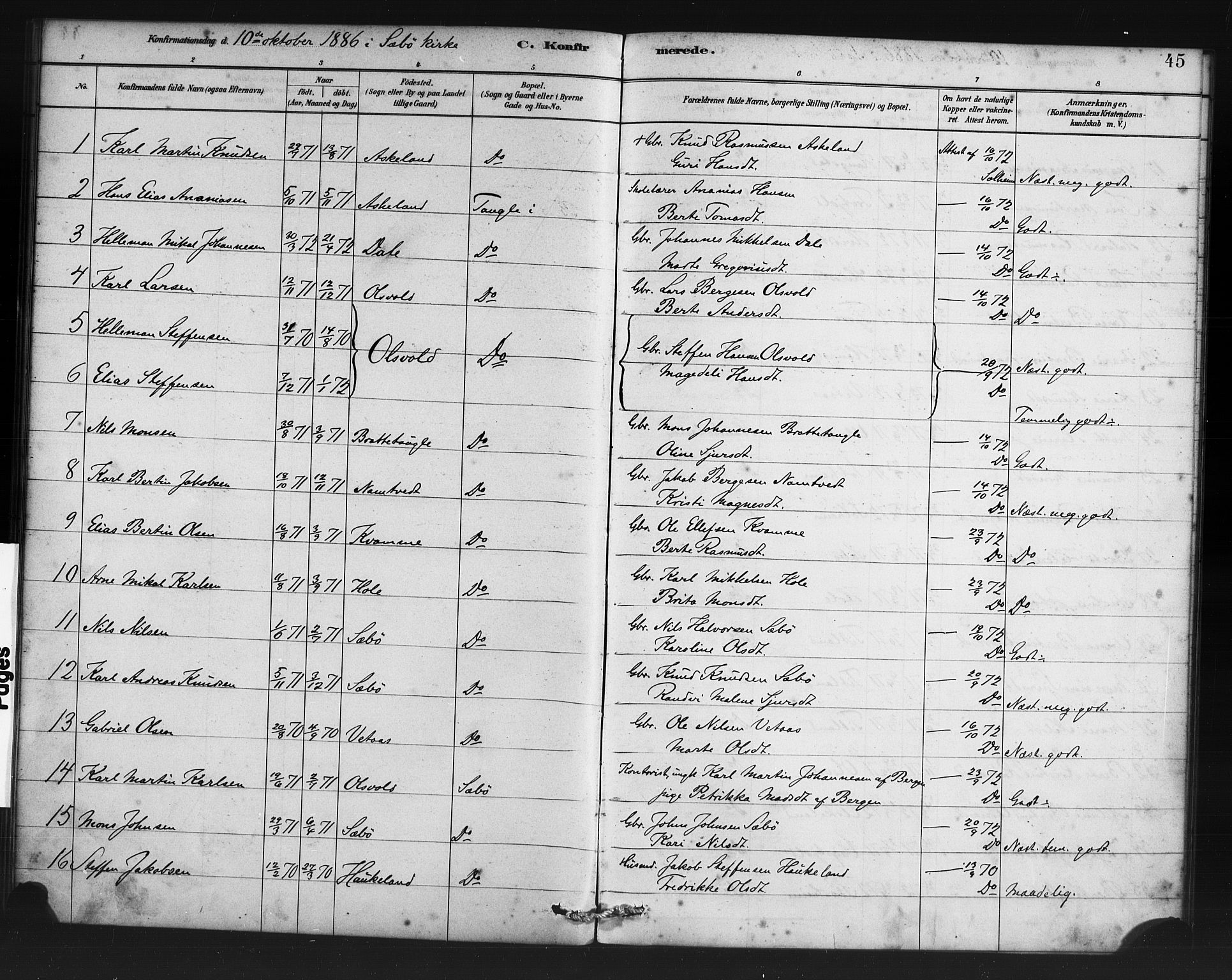 Manger sokneprestembete, AV/SAB-A-76801/H/Haa: Parish register (official) no. D 1, 1881-1892, p. 44