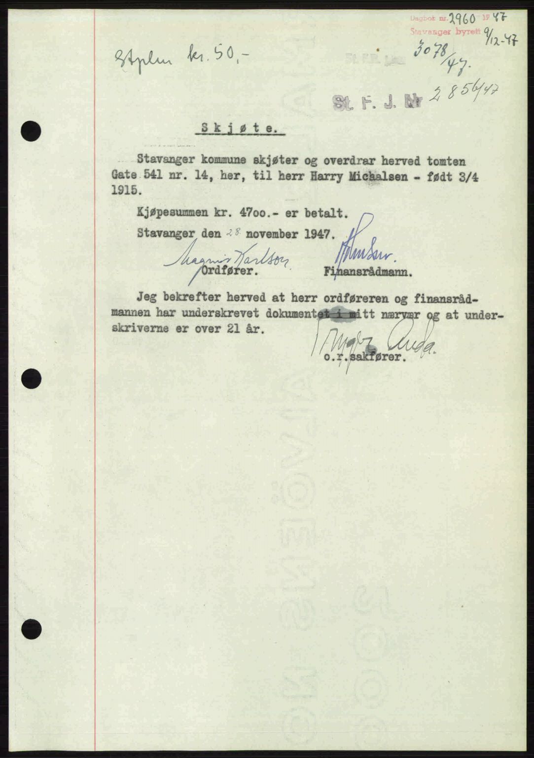 Stavanger byrett, SAST/A-100455/002/G/Gb/L0022: Mortgage book no. A11, 1947-1948, Diary no: : 2960/1947