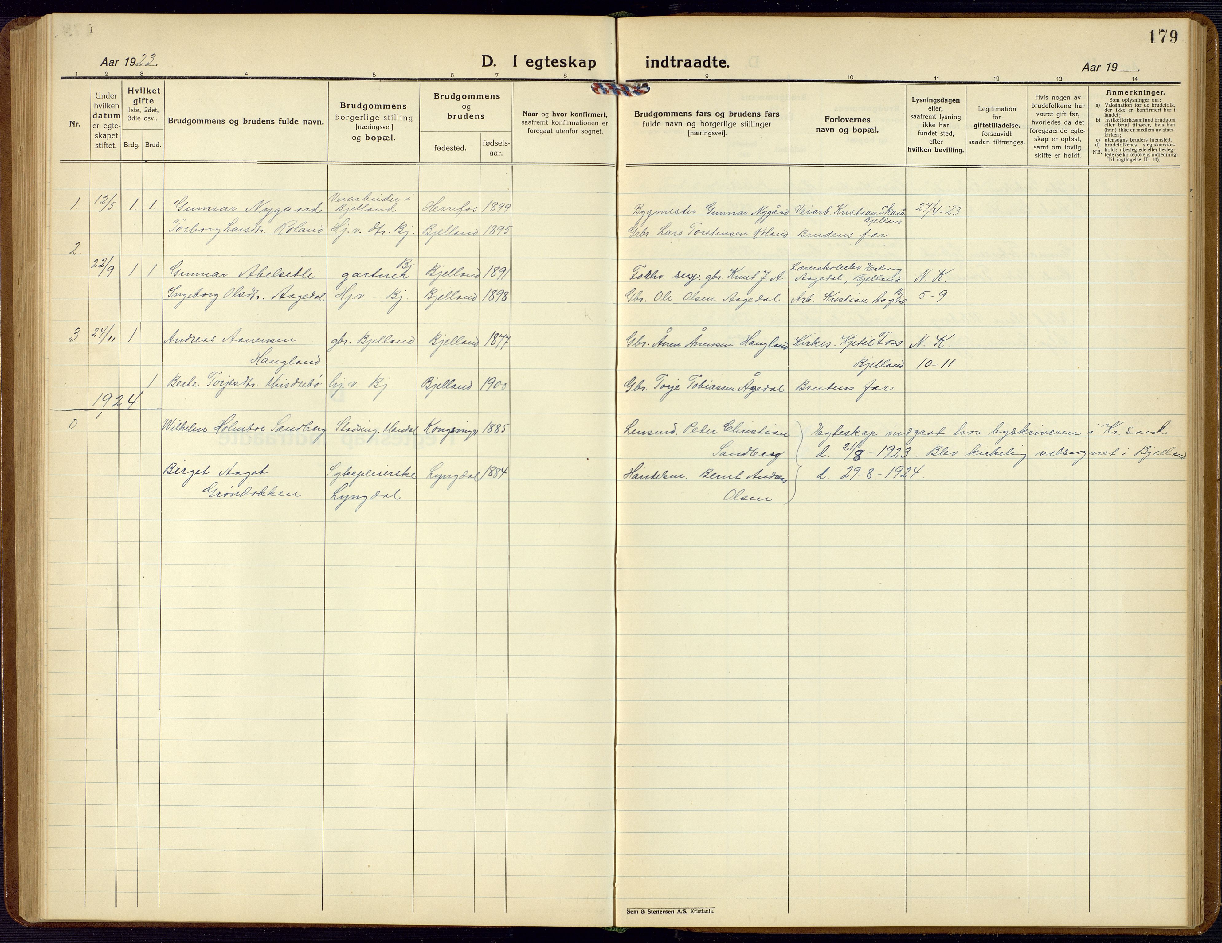 Bjelland sokneprestkontor, SAK/1111-0005/F/Fb/Fba/L0006: Parish register (copy) no. B 6, 1923-1956, p. 179
