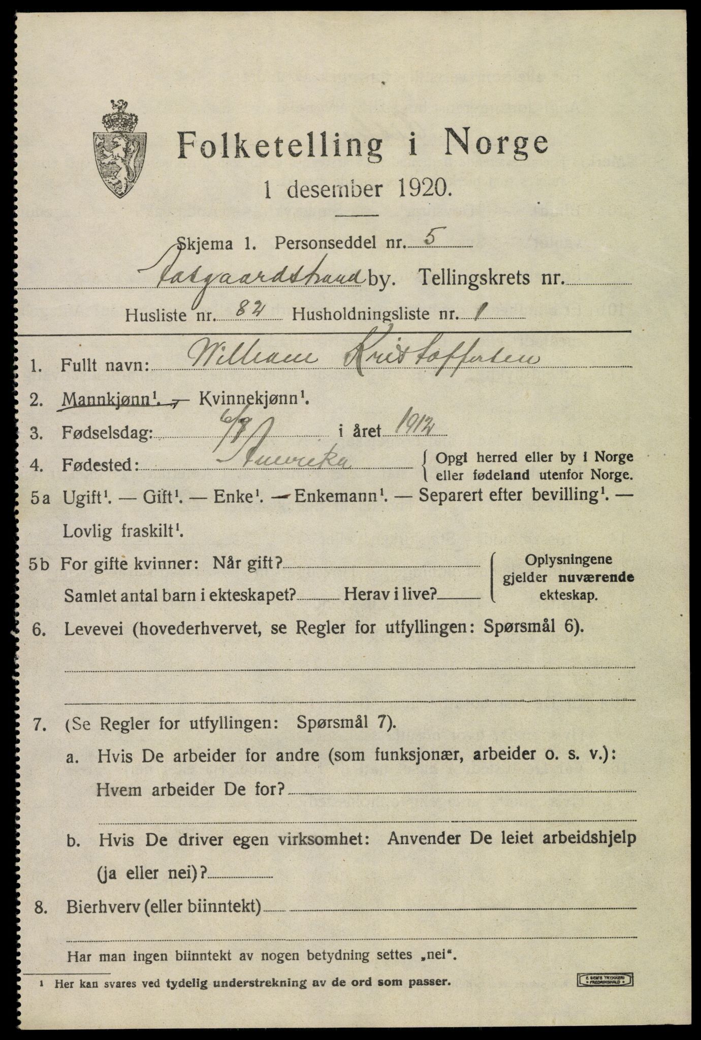 SAKO, 1920 census for Åsgårdstrand, 1920, p. 1227