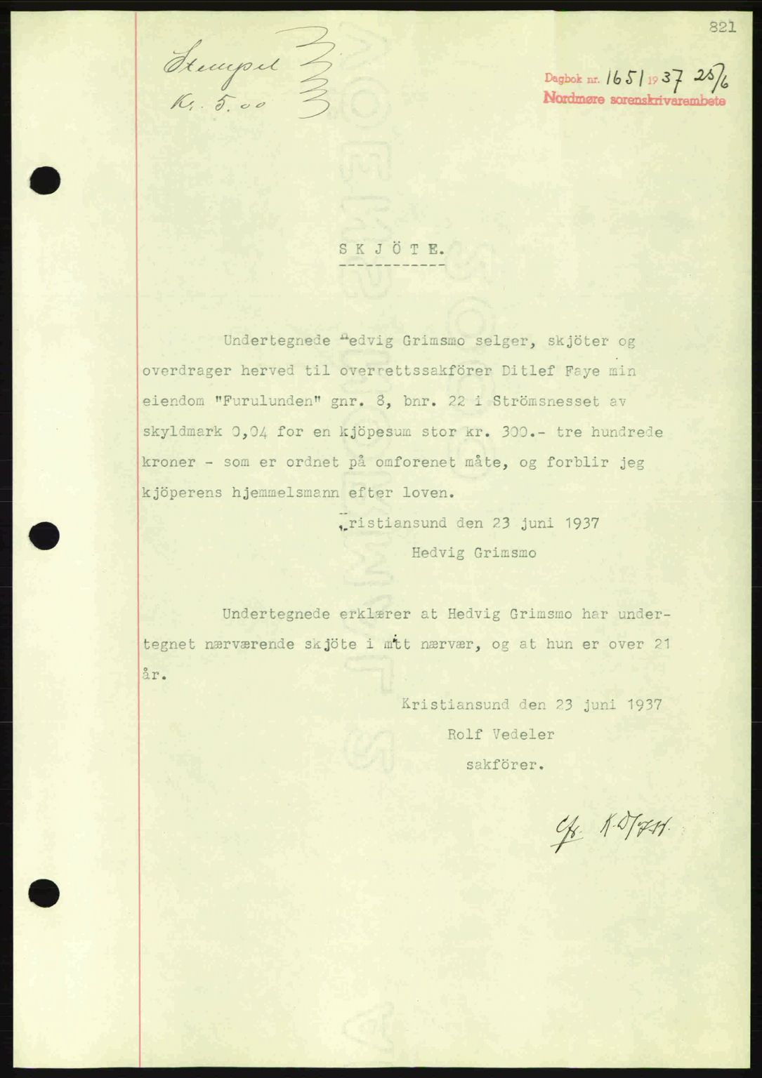 Nordmøre sorenskriveri, AV/SAT-A-4132/1/2/2Ca: Mortgage book no. A81, 1937-1937, Diary no: : 1651/1937