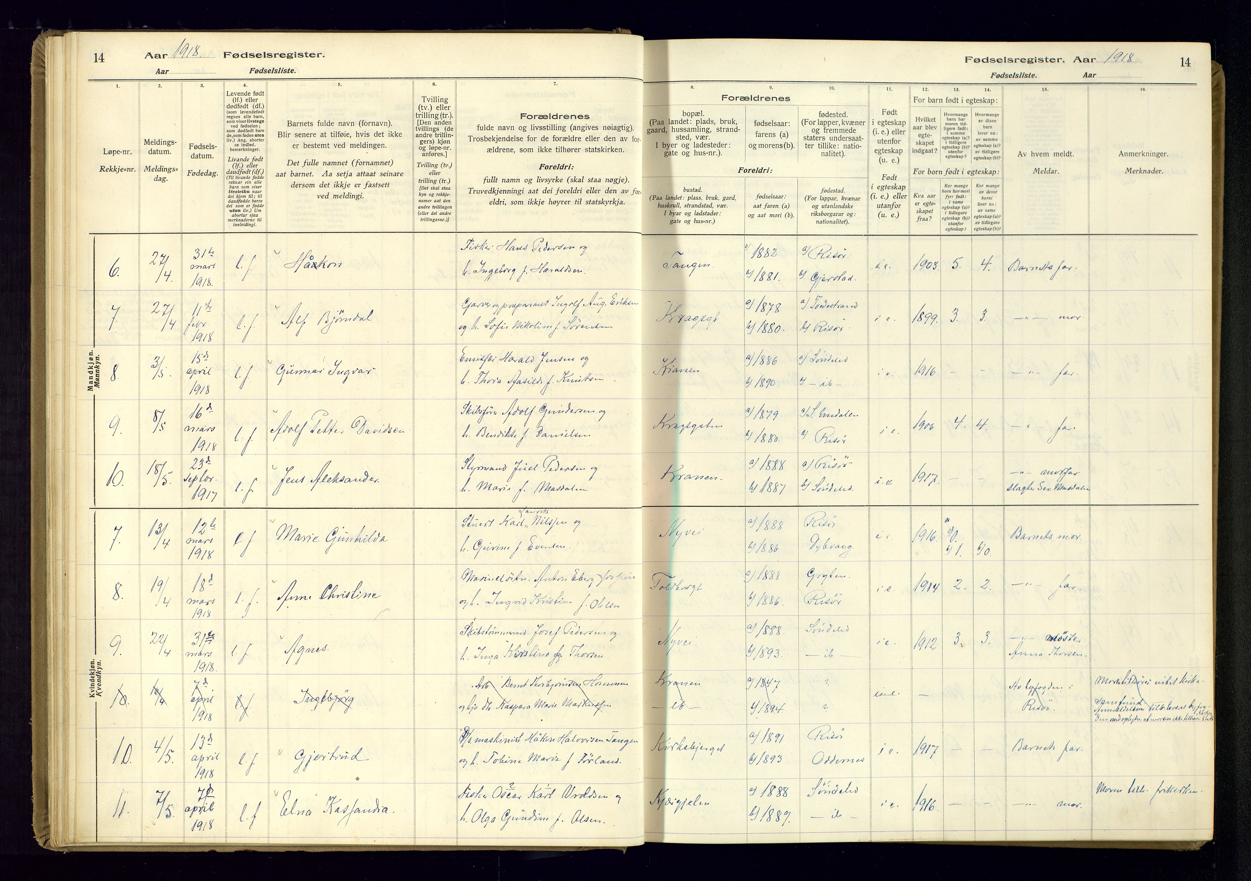 Risør sokneprestkontor, SAK/1111-0035/J/Ja/L0001: Birth register no. A-VI-13, 1916-1947, p. 14