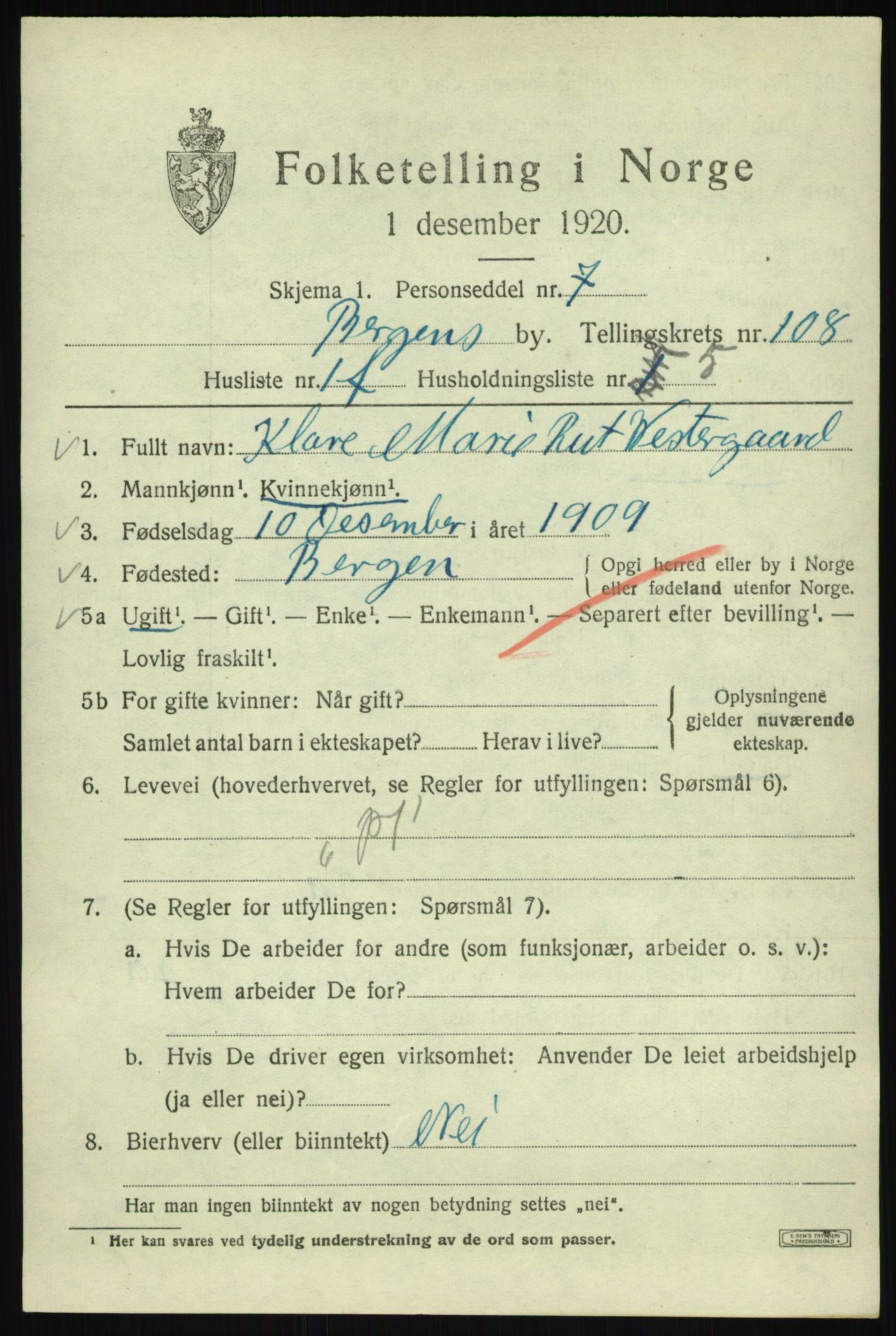 SAB, 1920 census for Bergen, 1920, p. 186713
