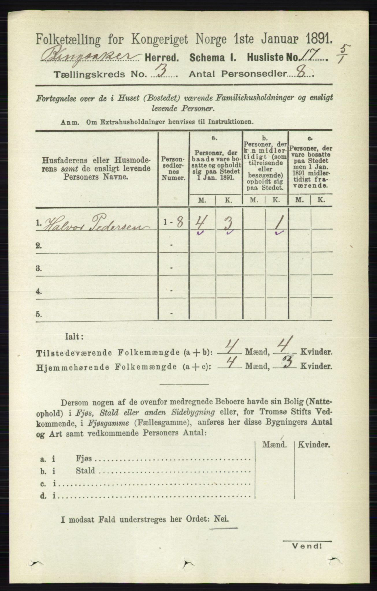 RA, 1891 census for 0412 Ringsaker, 1891, p. 1178