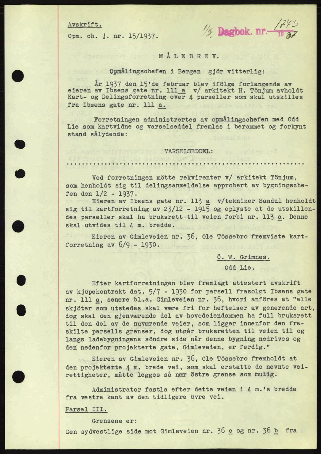 Byfogd og Byskriver i Bergen, AV/SAB-A-3401/03/03Bc/L0004: Mortgage book no. A3-4, 1936-1937, Diary no: : 1743/1937