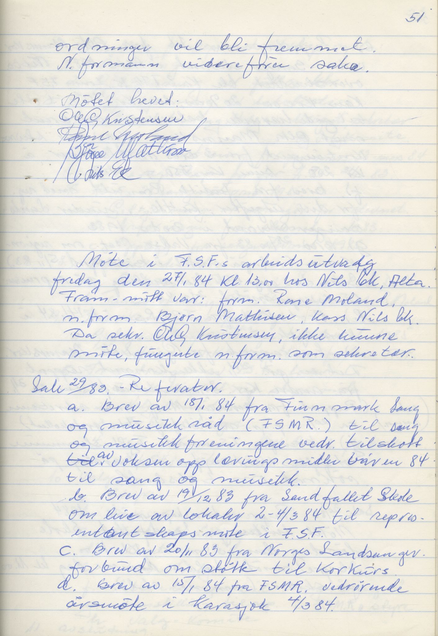Finnmark Sangerforbund, FMFB/A-1050/A/L0012: Møteprotokoll, 1982-1993