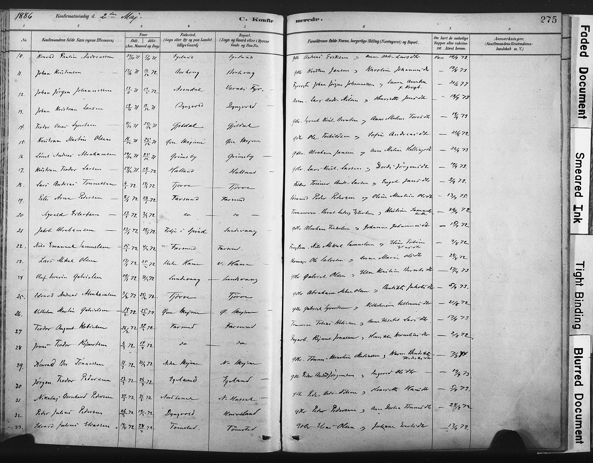 Lista sokneprestkontor, AV/SAK-1111-0027/F/Fa/L0012: Parish register (official) no. A 12, 1879-1903, p. 275