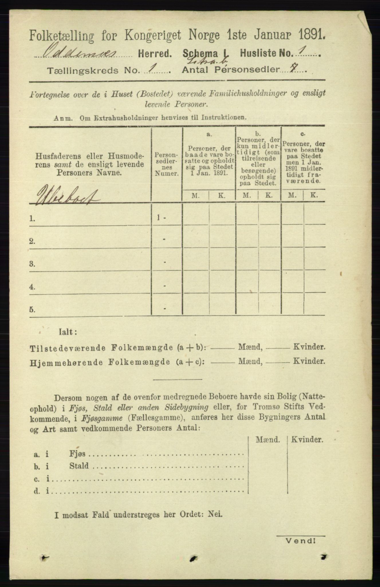 RA, 1891 census for 1012 Oddernes, 1891, p. 38