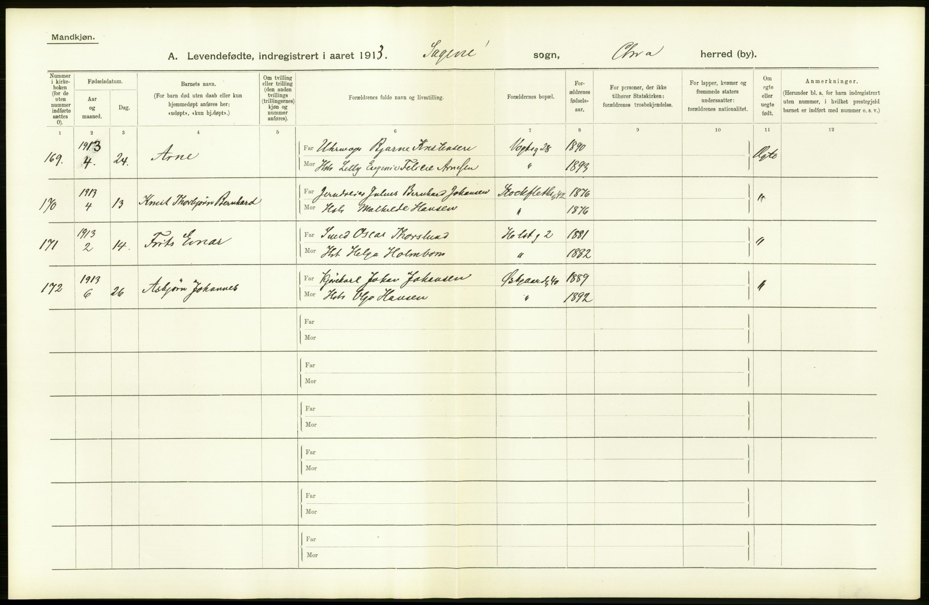 Statistisk sentralbyrå, Sosiodemografiske emner, Befolkning, AV/RA-S-2228/D/Df/Dfb/Dfbc/L0006: Kristiania: Levendefødte menn og kvinner., 1913, p. 26