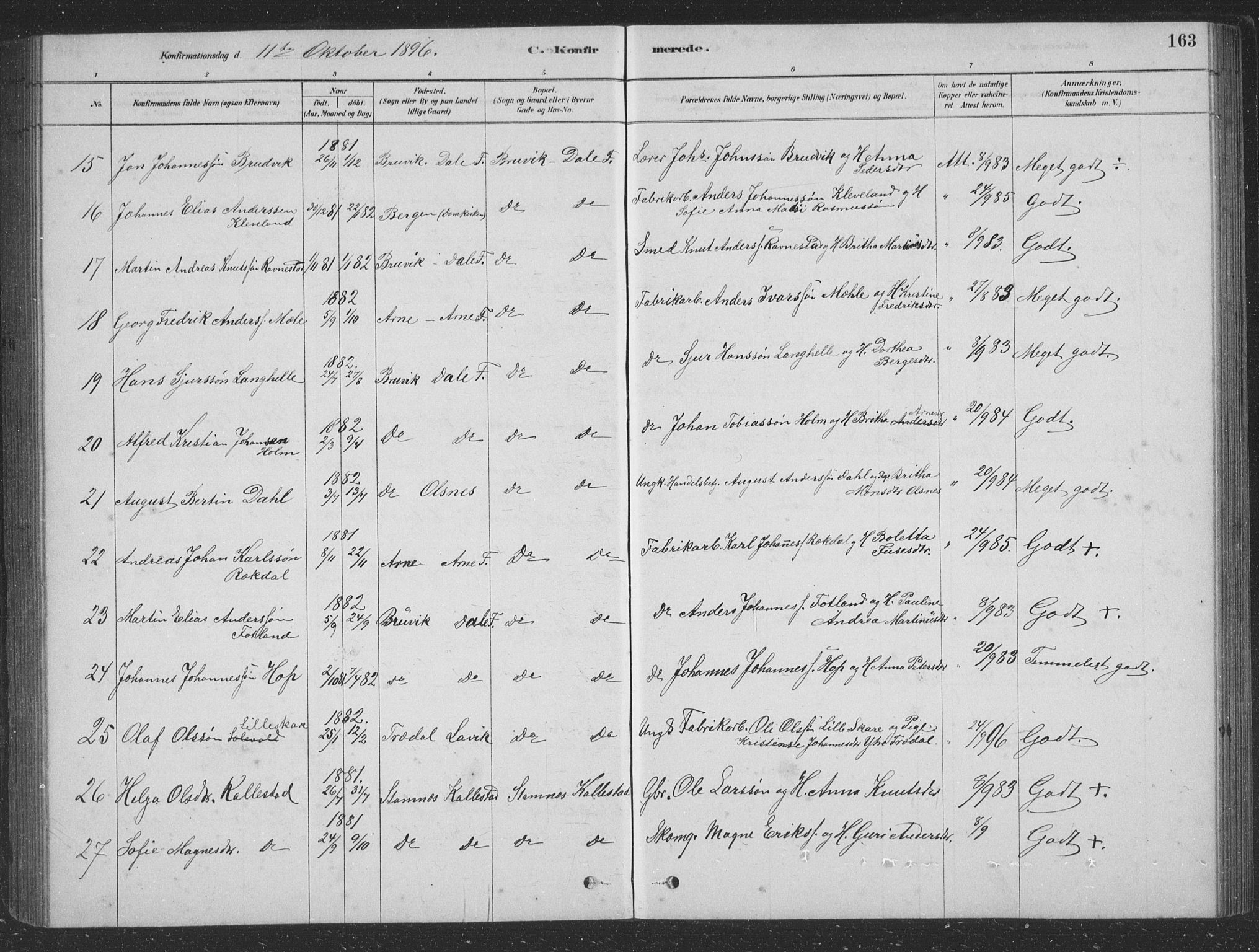 Vaksdal Sokneprestembete, AV/SAB-A-78901/H/Hab: Parish register (copy) no. D 1, 1878-1939, p. 163