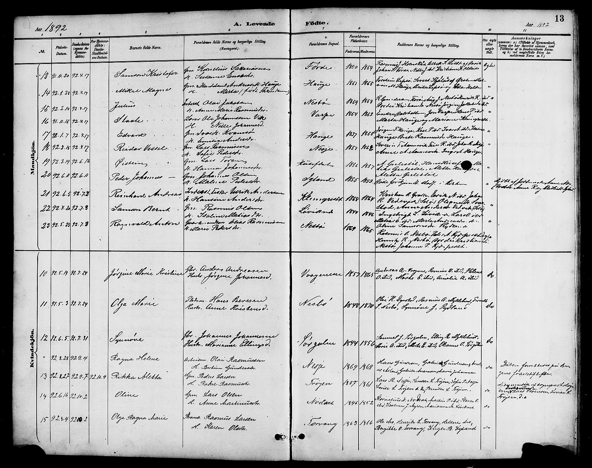 Bremanger sokneprestembete, AV/SAB-A-82201/H/Hab/Haba/L0003: Parish register (copy) no. A 3, 1890-1908, p. 13