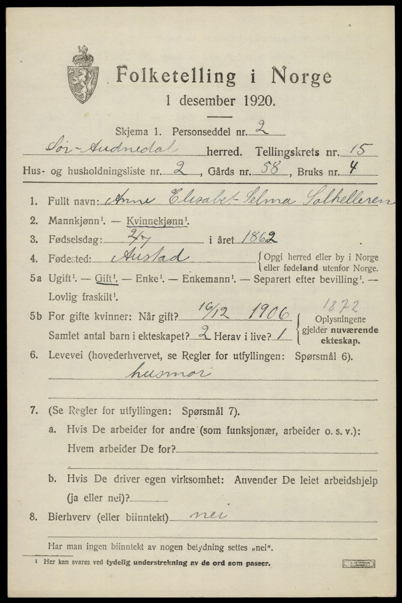 SAK, 1920 census for Sør-Audnedal, 1920, p. 5731