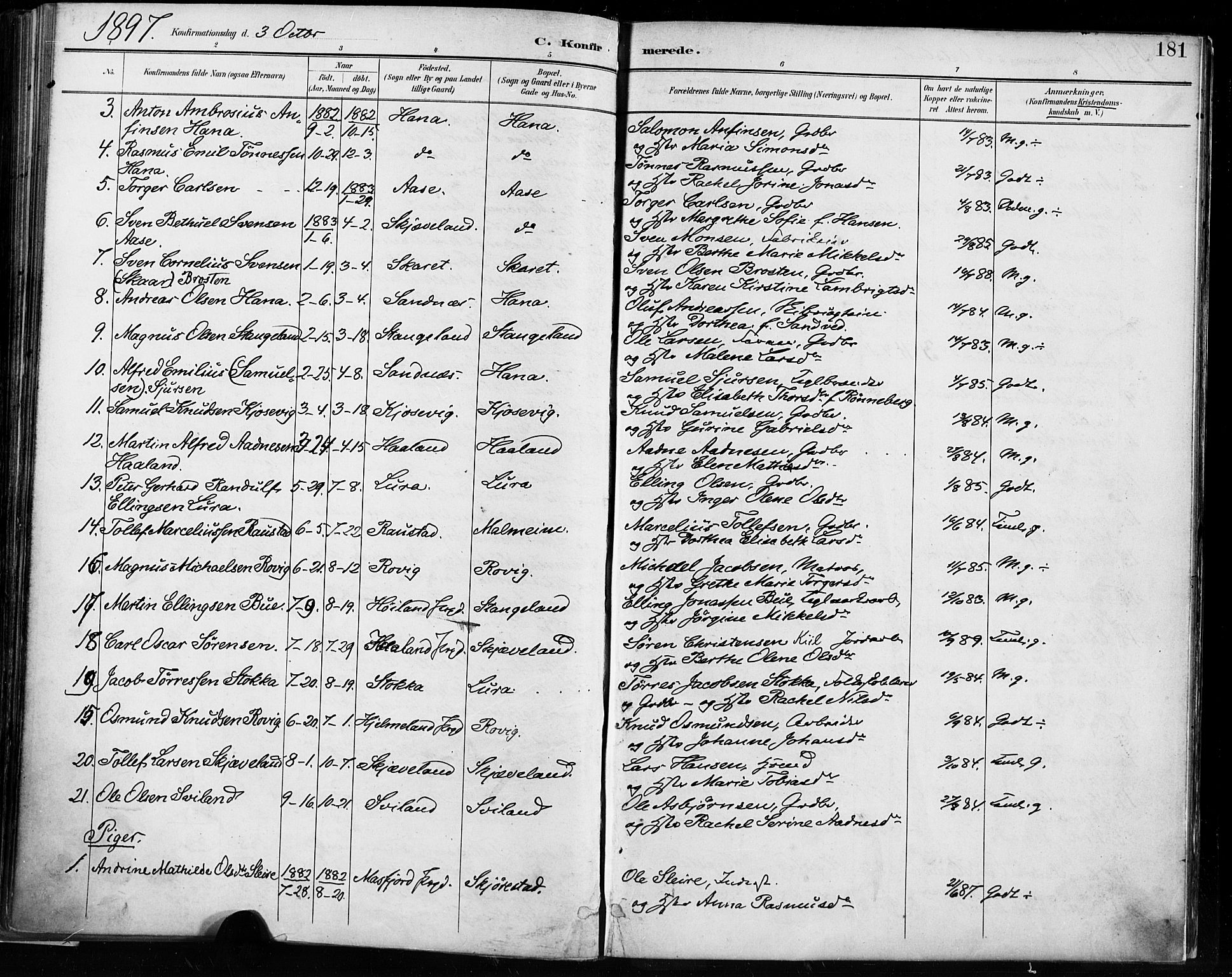 Høyland sokneprestkontor, AV/SAST-A-101799/001/30BA/L0013: Parish register (official) no. A 13.1, 1889-1898, p. 181