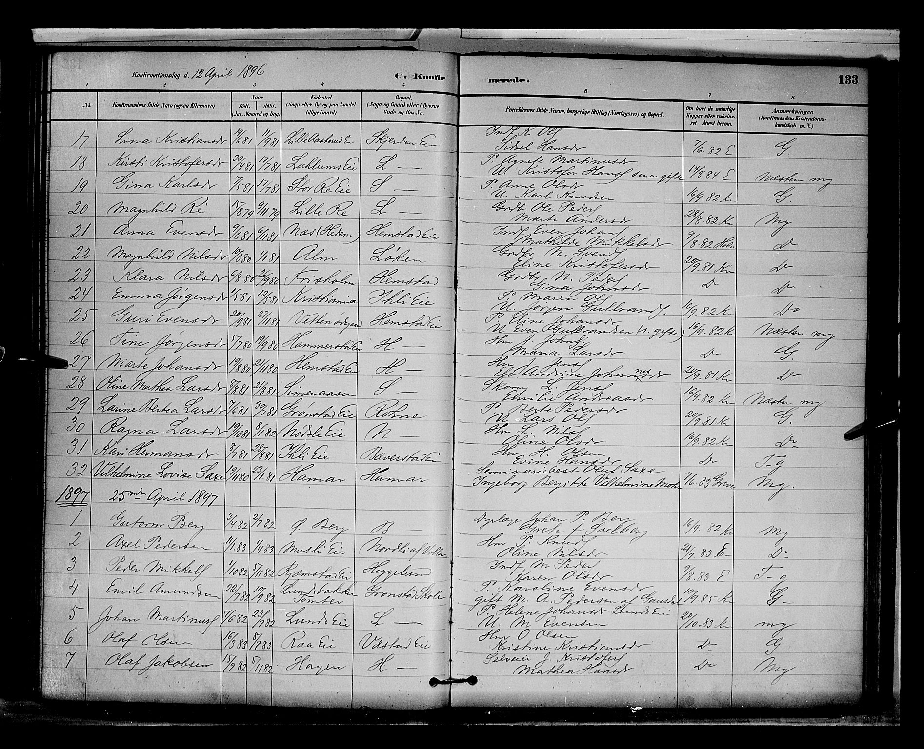 Stange prestekontor, SAH/PREST-002/L/L0009: Parish register (copy) no. 9, 1883-1899, p. 133