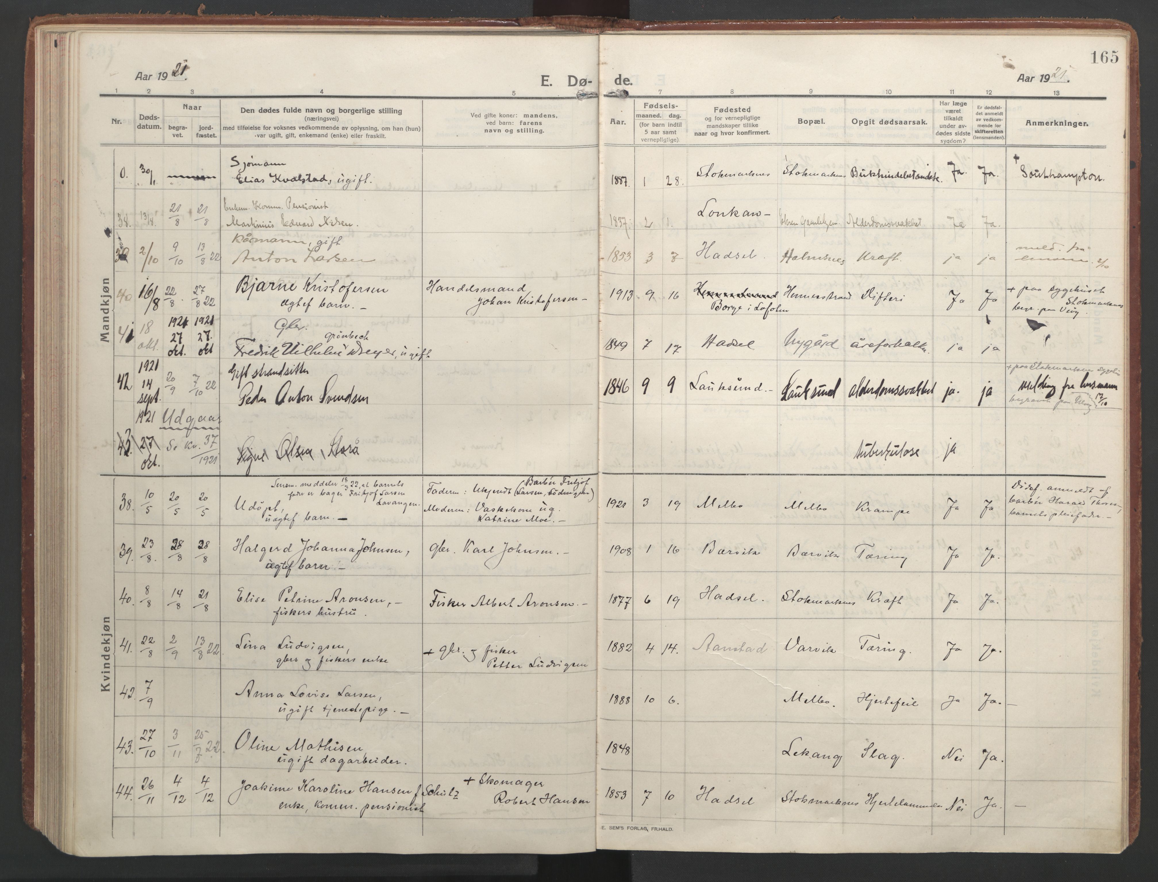 Ministerialprotokoller, klokkerbøker og fødselsregistre - Nordland, AV/SAT-A-1459/888/L1251: Parish register (official) no. 888A17, 1913-1925, p. 165