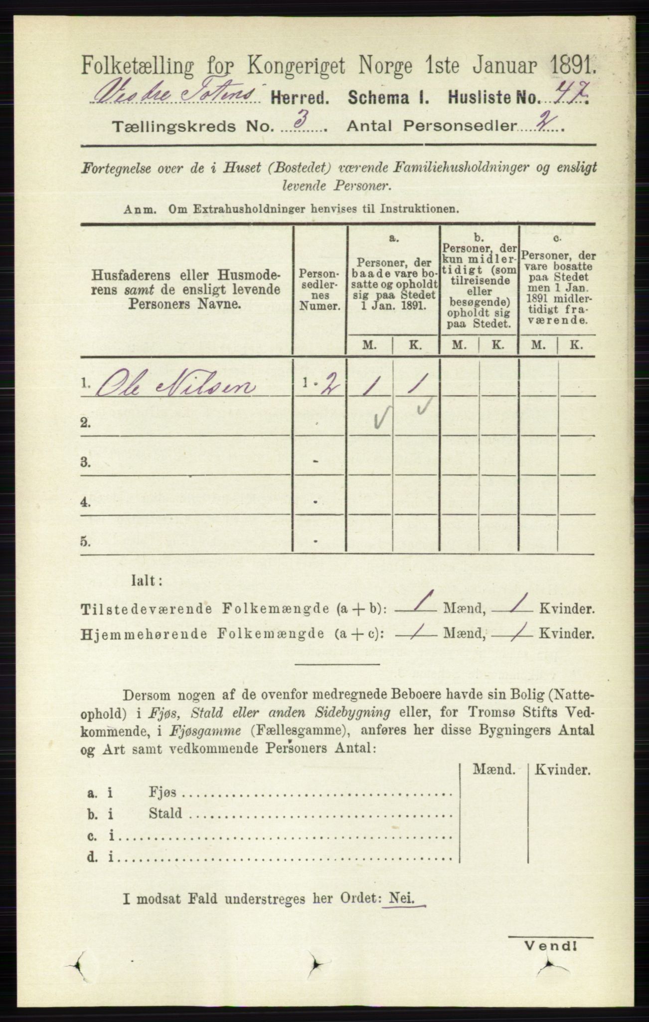 RA, 1891 census for 0529 Vestre Toten, 1891, p. 1911