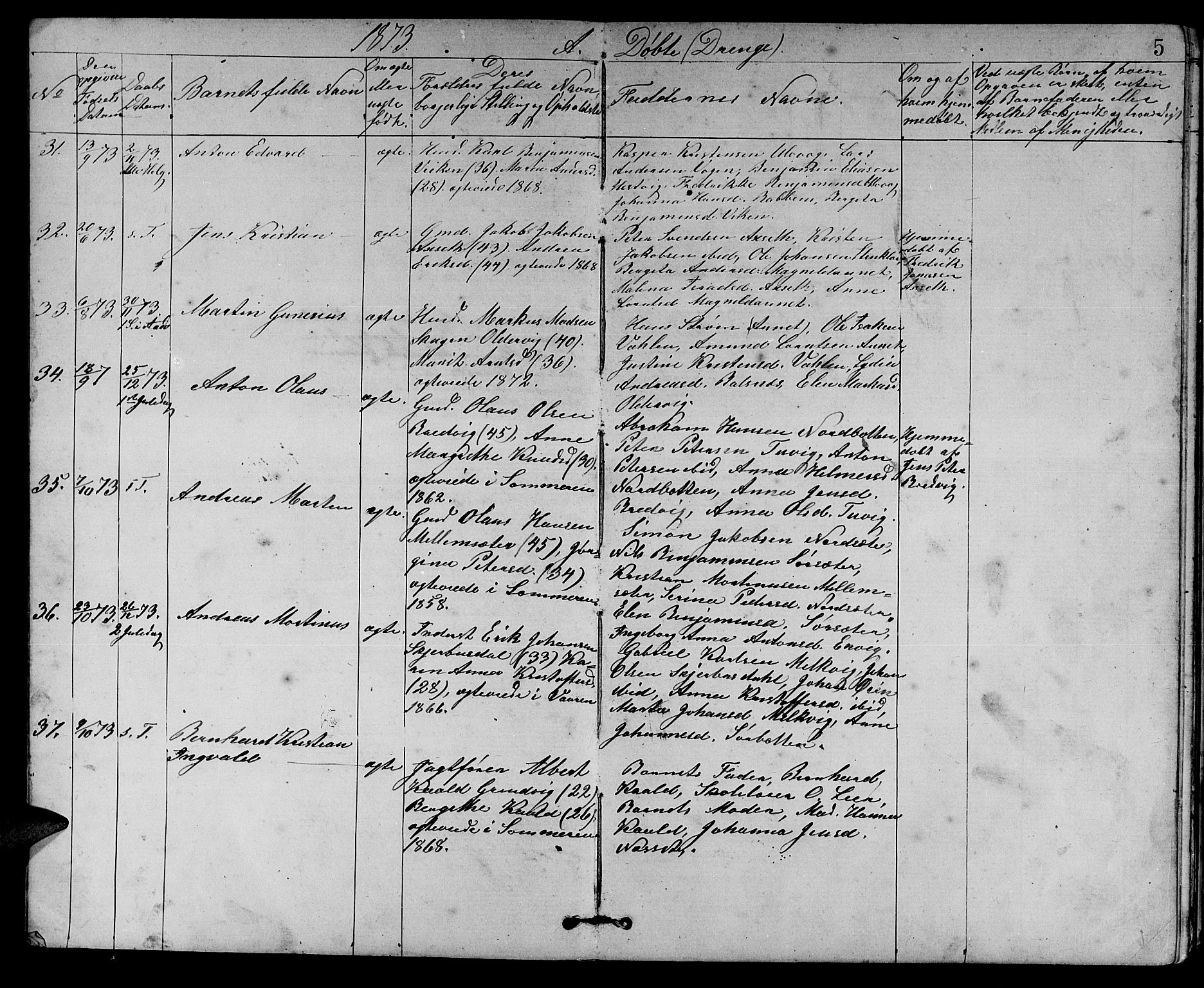 Ministerialprotokoller, klokkerbøker og fødselsregistre - Sør-Trøndelag, SAT/A-1456/637/L0561: Parish register (copy) no. 637C02, 1873-1882, p. 5