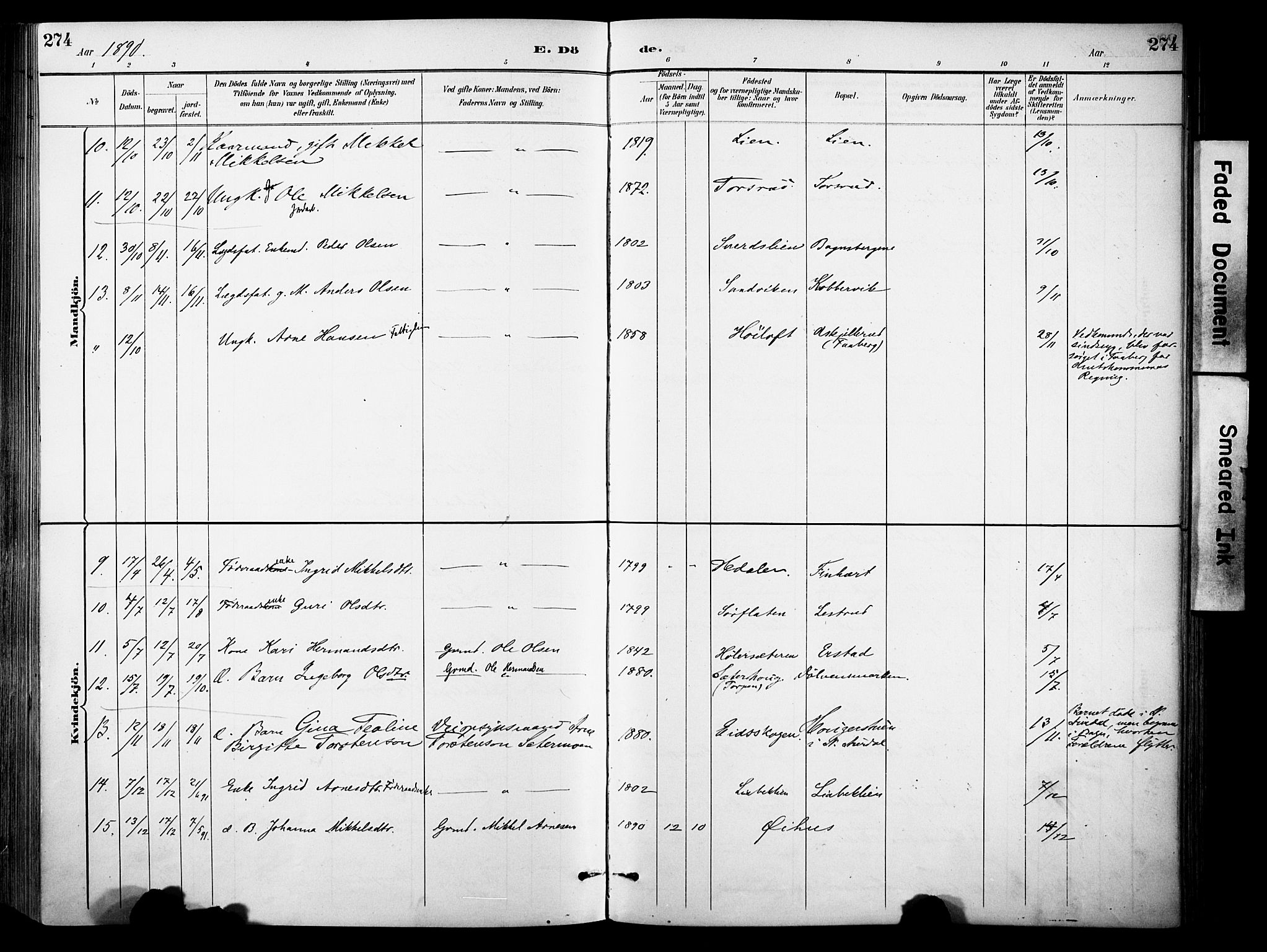 Sør-Aurdal prestekontor, SAH/PREST-128/H/Ha/Haa/L0009: Parish register (official) no. 9, 1886-1906, p. 274