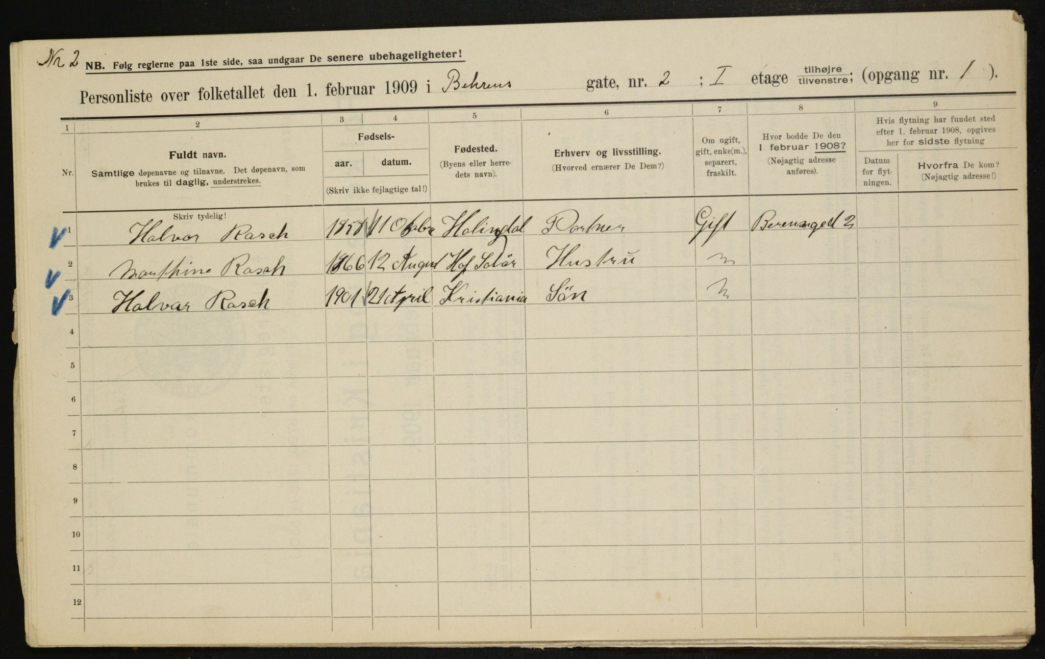 OBA, Municipal Census 1909 for Kristiania, 1909, p. 3128