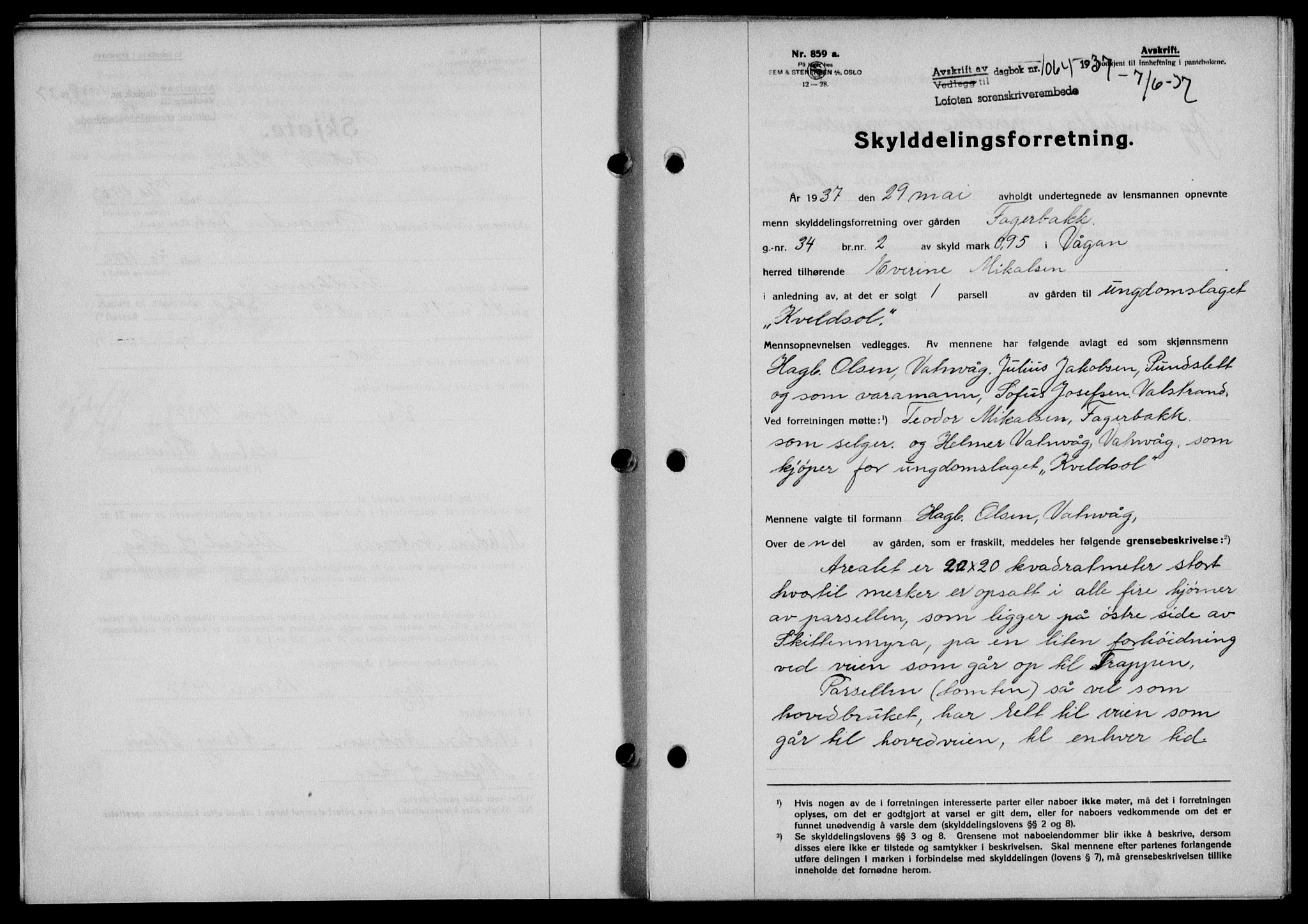 Lofoten sorenskriveri, SAT/A-0017/1/2/2C/L0002a: Mortgage book no. 2a, 1937-1937, Diary no: : 1064/1937