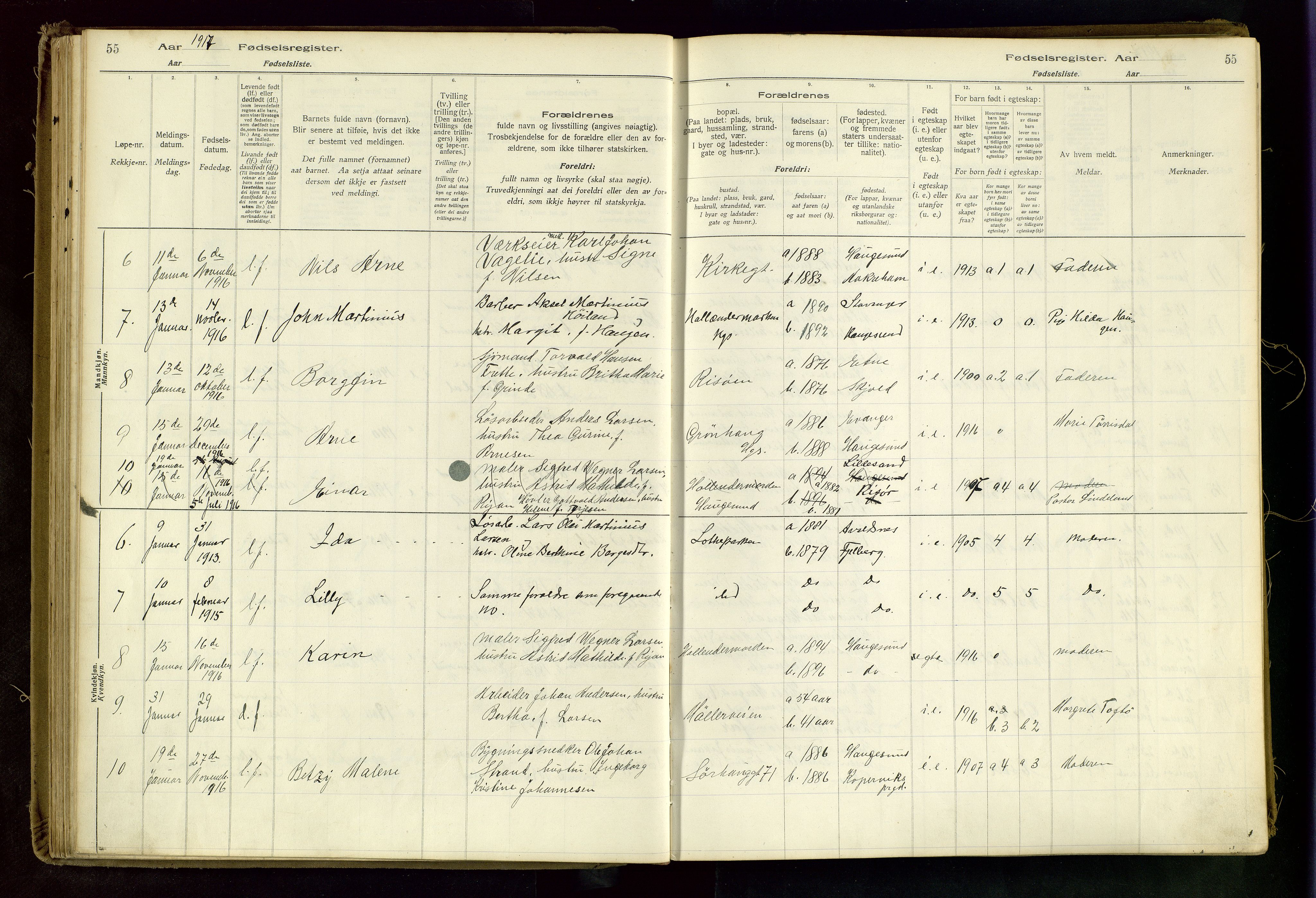 Haugesund sokneprestkontor, AV/SAST-A -101863/I/Id/L0003: Birth register no. 1, 1916-1919, p. 55