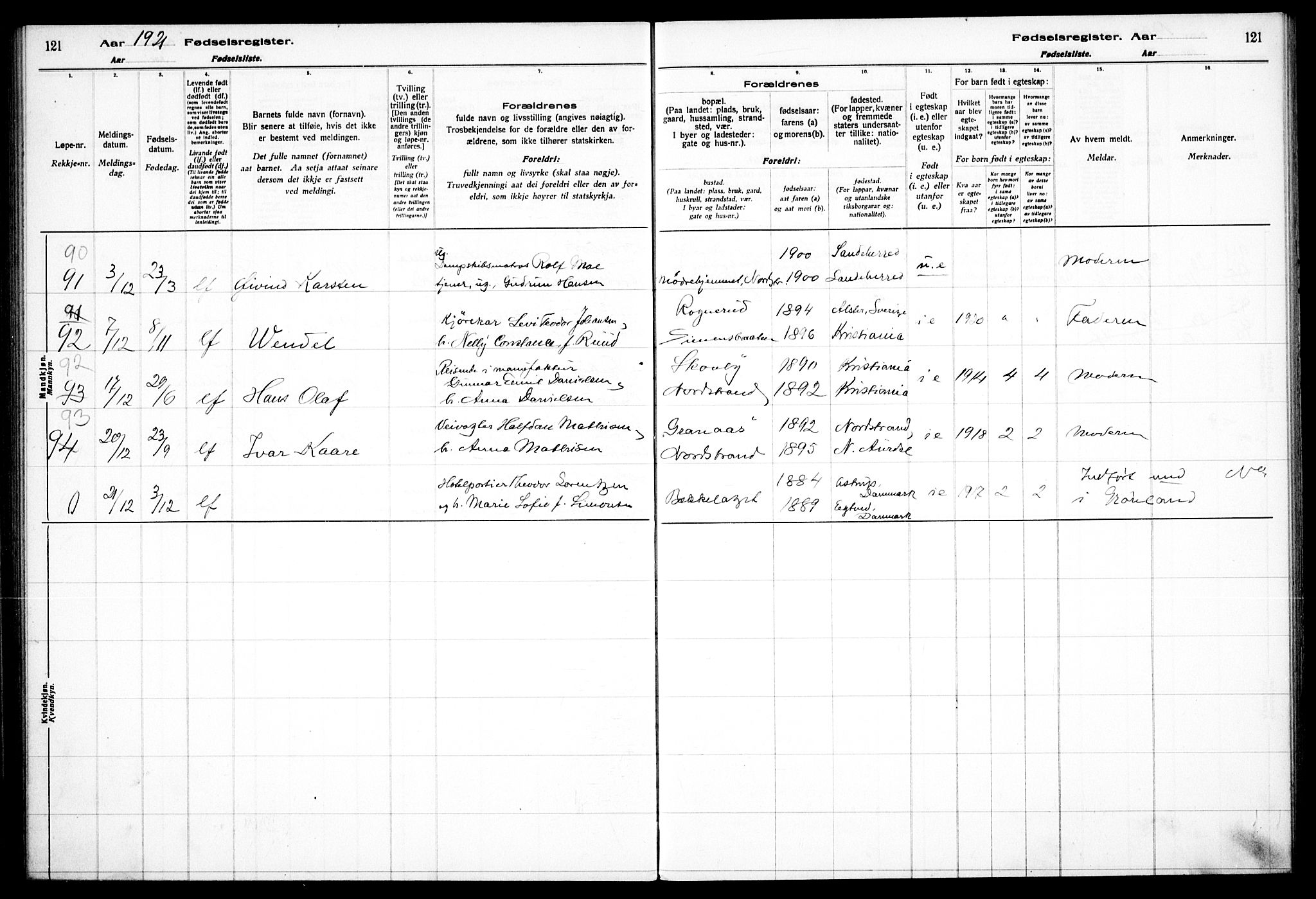 Nordstrand prestekontor Kirkebøker, AV/SAO-A-10362a/J/Ja/L0001: Birth register no. I 1, 1916-1924, p. 121