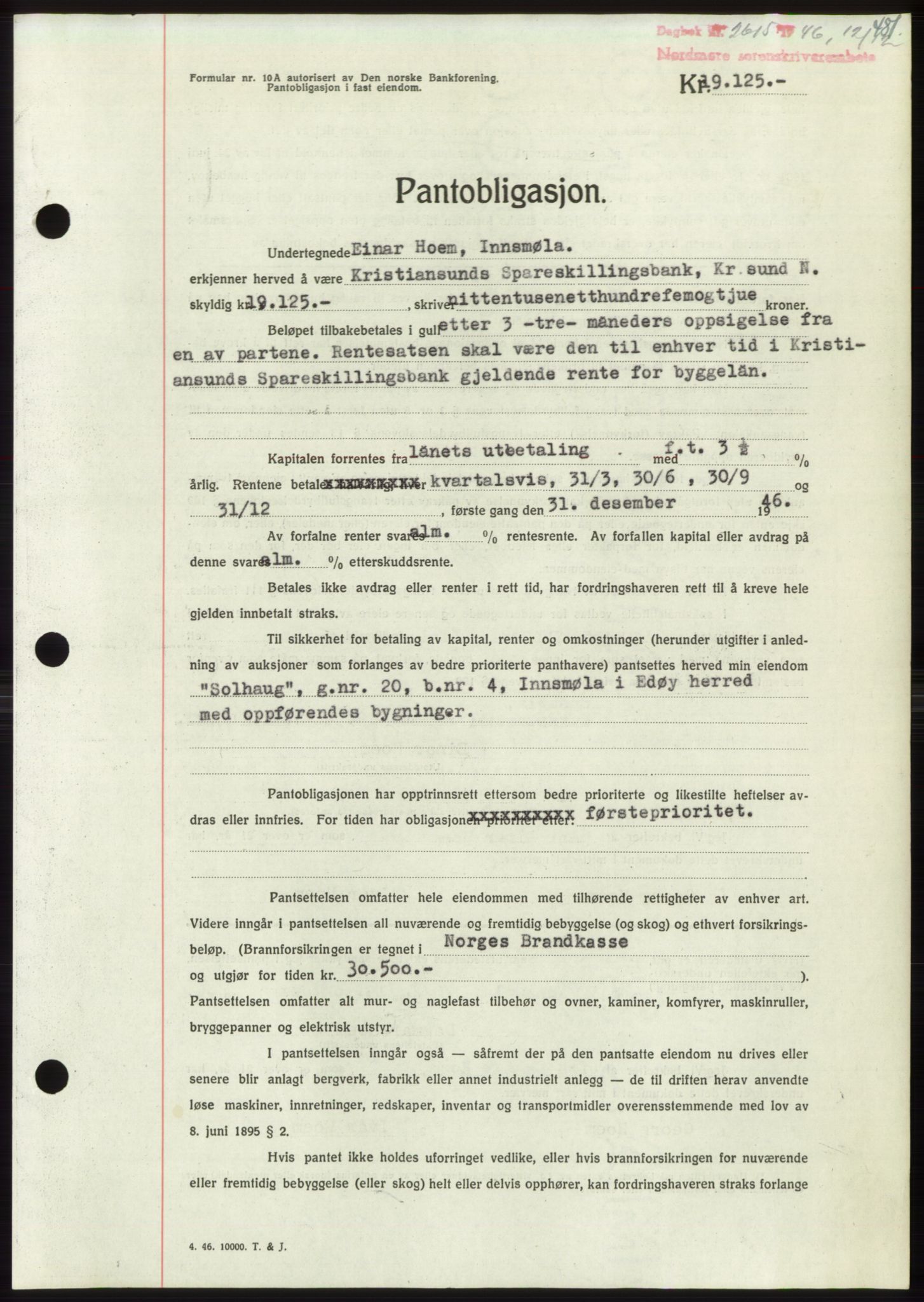 Nordmøre sorenskriveri, AV/SAT-A-4132/1/2/2Ca: Mortgage book no. B95, 1946-1947, Diary no: : 2615/1946